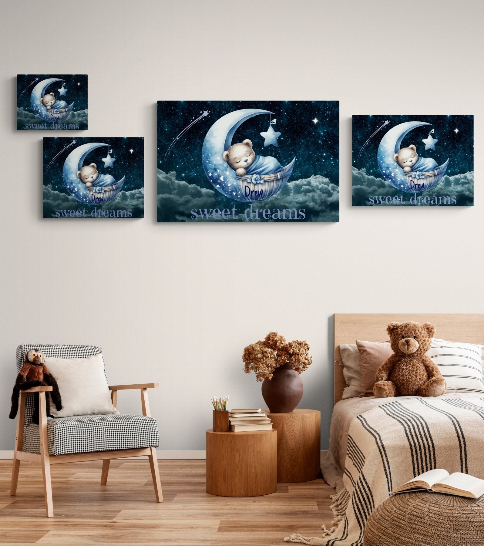 Sweet Dreams, Personalized Sleeping Bear on Moon, Blue - Janlyn's Crafts