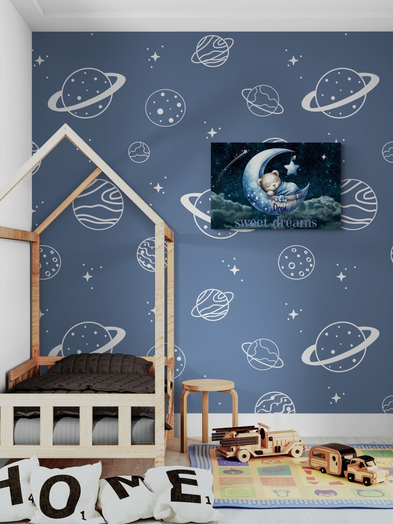 Sweet Dreams, Personalized Sleeping Bear on Moon, Blue - Janlyn's Crafts