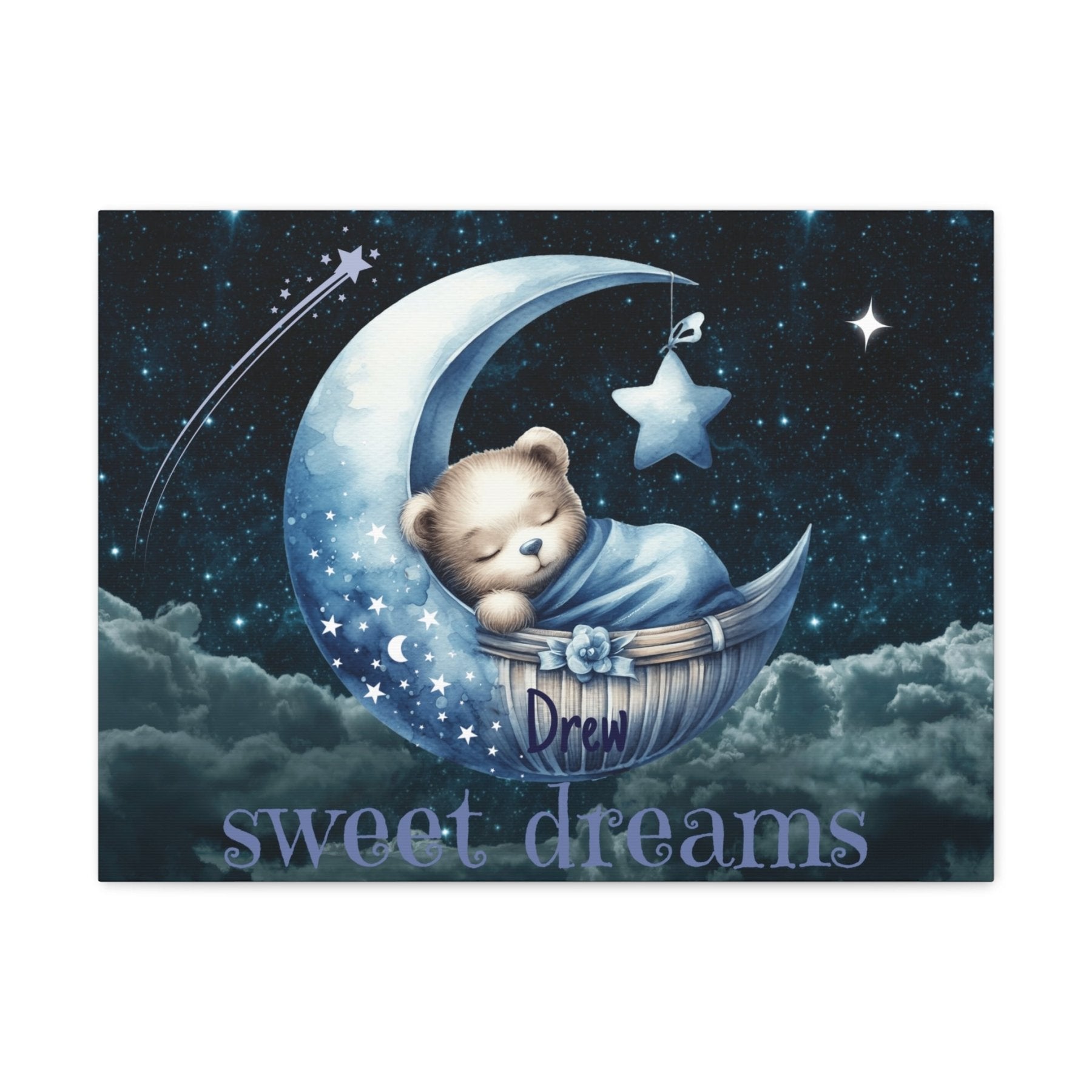 Sweet Dreams, Personalized Sleeping Bear on Moon, Blue - Janlyn's Crafts