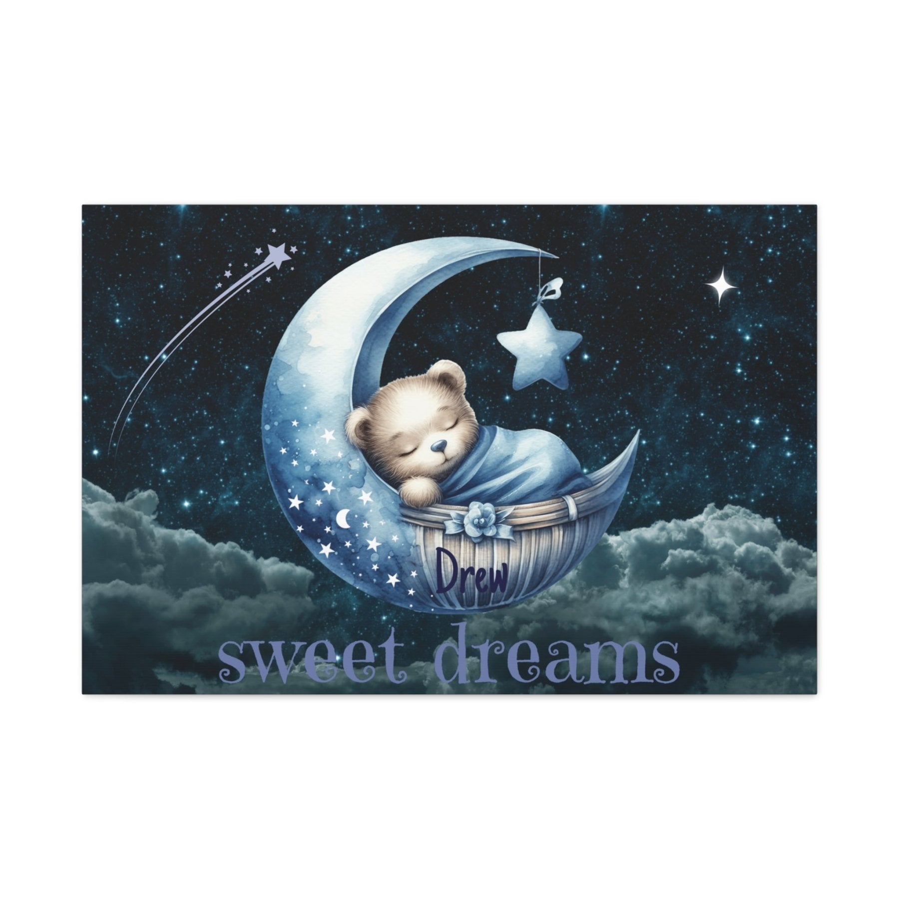 Sweet Dreams, Personalized Sleeping Bear on Moon, Blue - Janlyn's Crafts