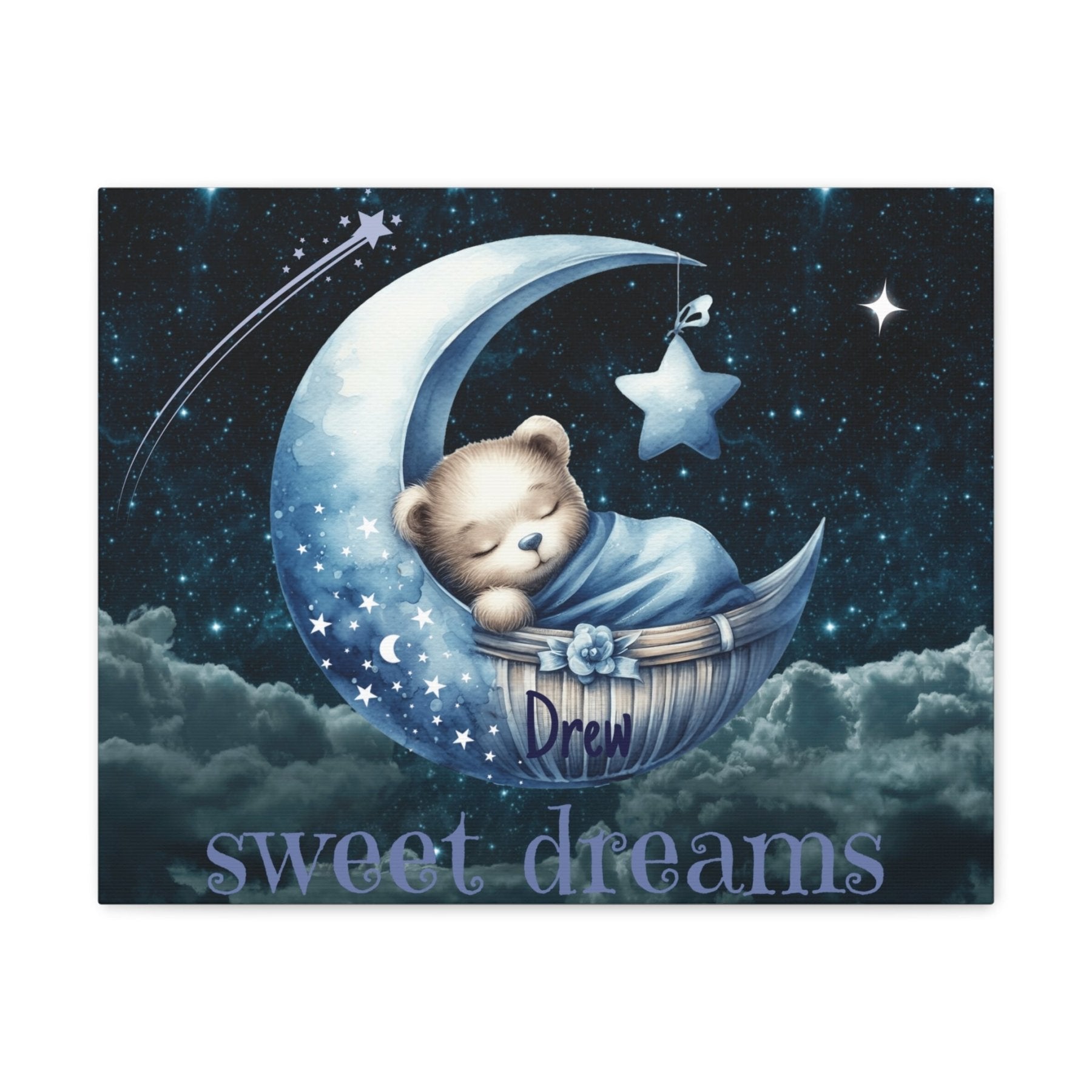 Sweet Dreams, Personalized Sleeping Bear on Moon, Blue - Janlyn's Crafts