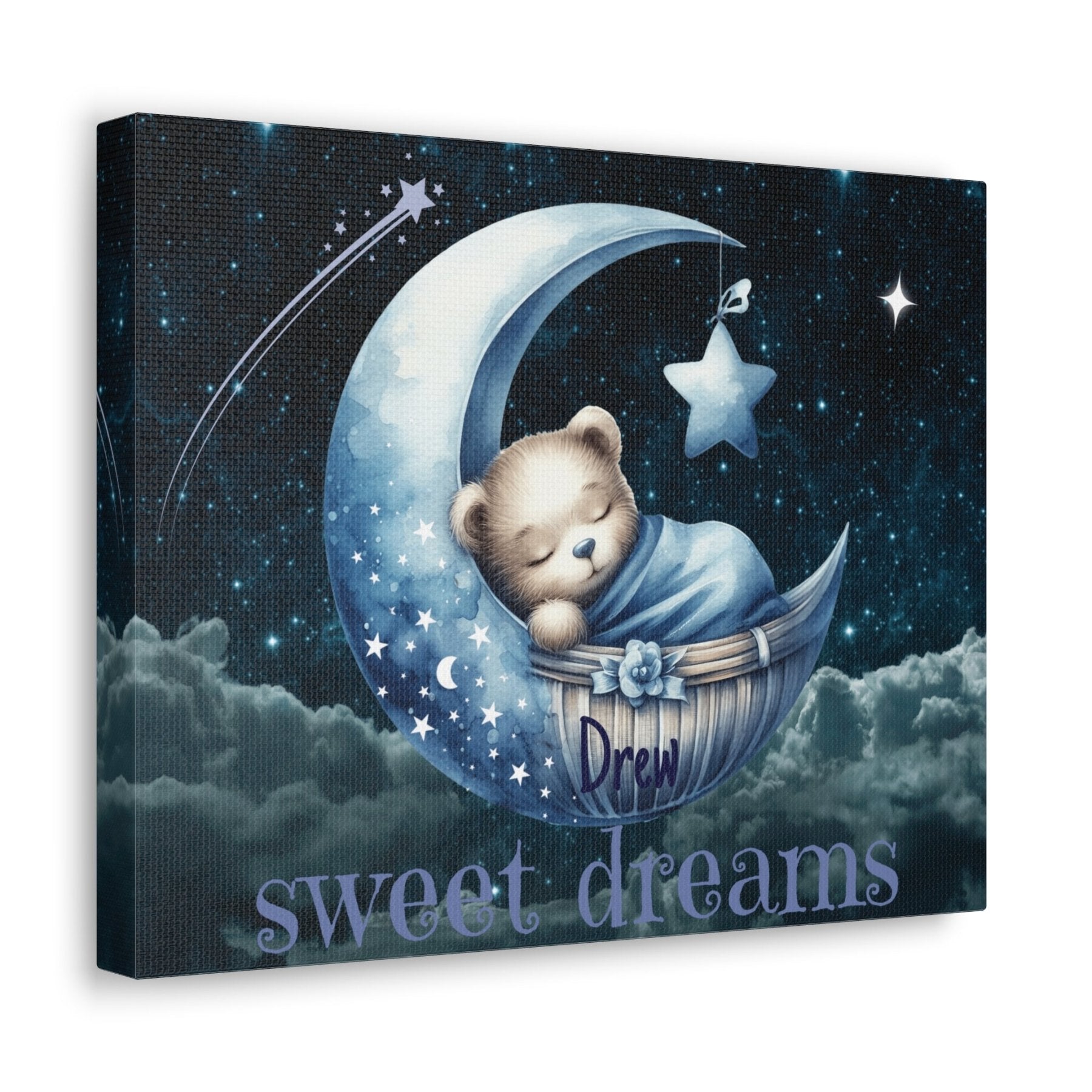 Sweet Dreams, Personalized Sleeping Bear on Moon, Blue - Janlyn's Crafts