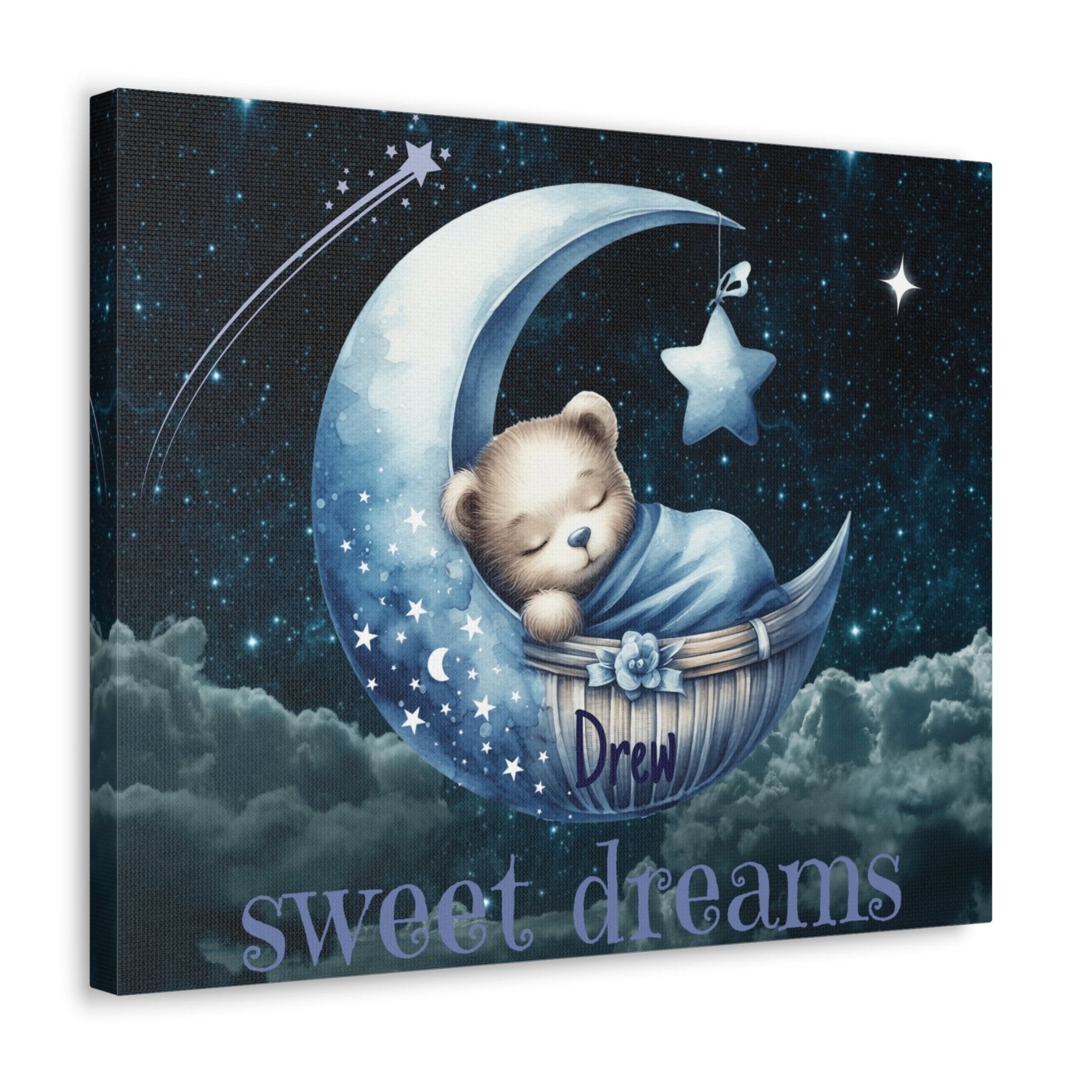 Sweet Dreams, Personalized Sleeping Bear on Moon, Blue - Janlyn's Crafts