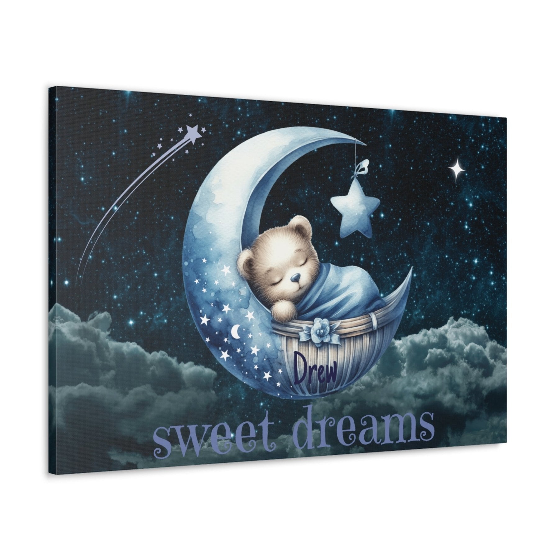 Sweet Dreams, Personalized Sleeping Bear on Moon, Blue - Janlyn's Crafts