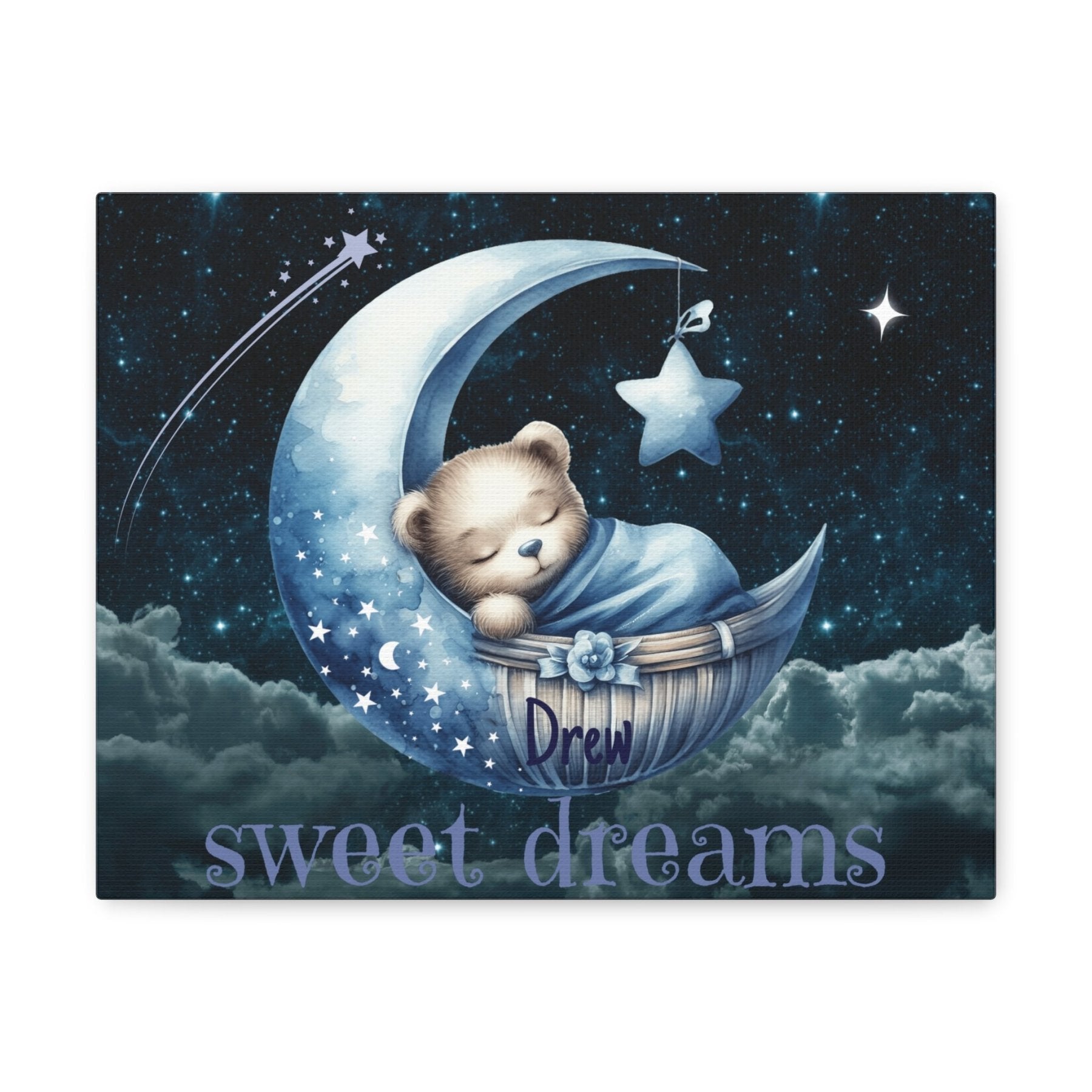 Sweet Dreams, Personalized Sleeping Bear on Moon, Blue - Janlyn's Crafts