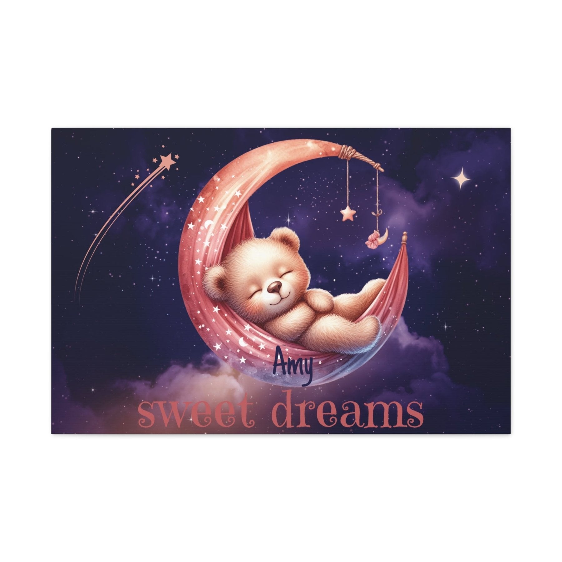 Sweet Dreams, Personalized Sleeping Bear on Moon, Pink - Janlyn's Crafts