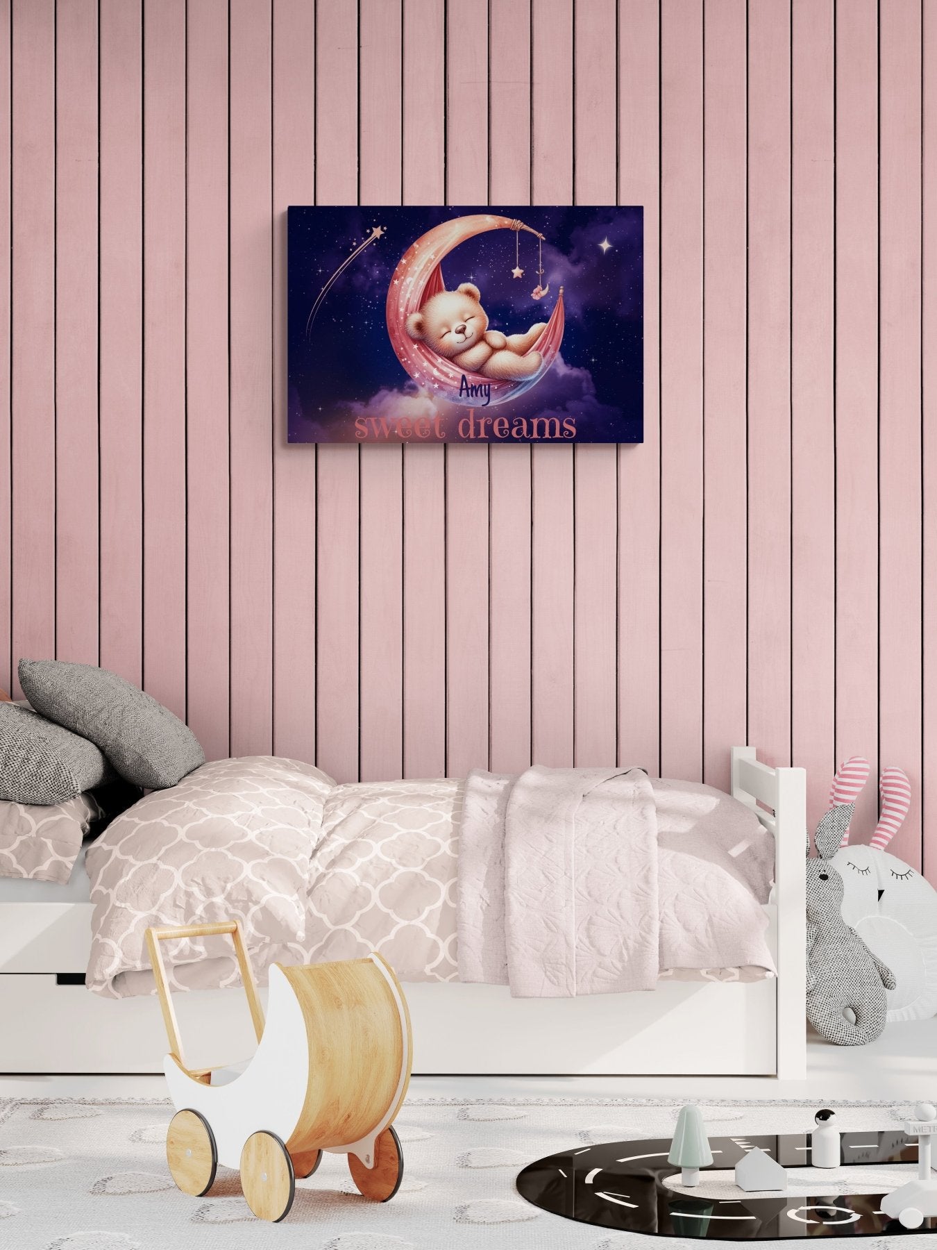 Sweet Dreams, Personalized Sleeping Bear on Moon, Pink - Janlyn's Crafts