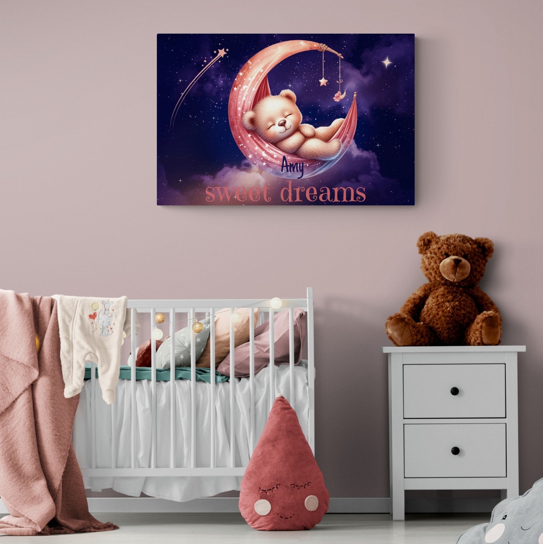 Sweet Dreams, Personalized Sleeping Bear on Moon, Pink - Janlyn's Crafts