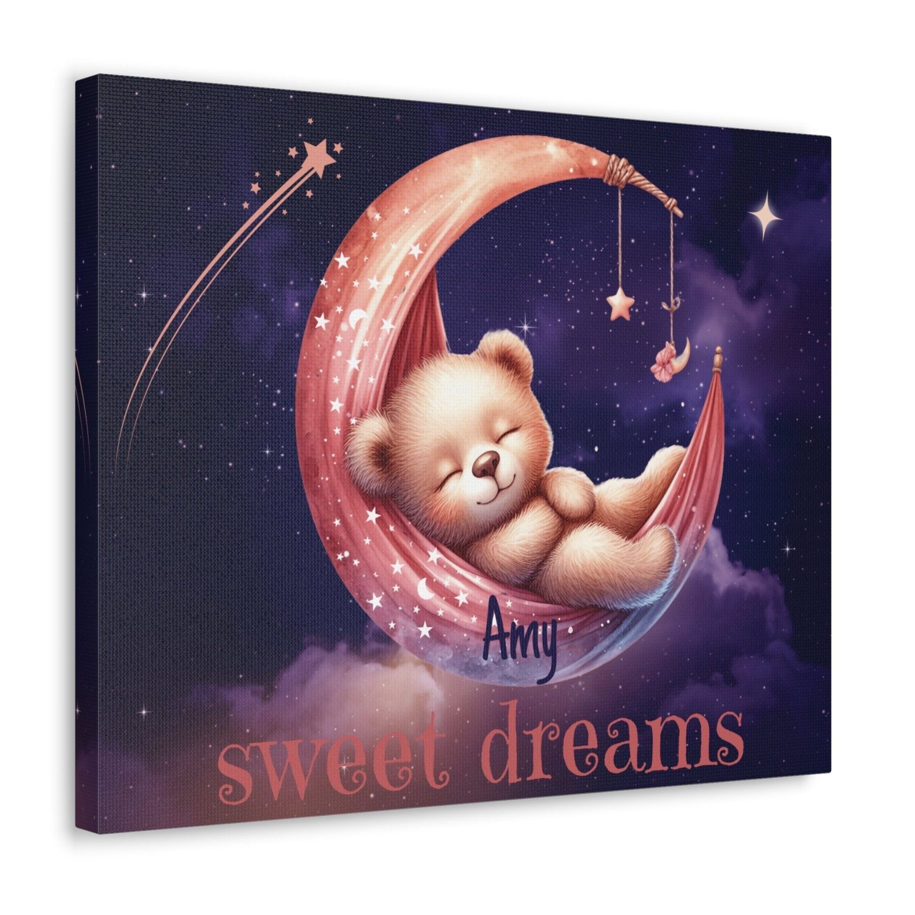 Sweet Dreams, Personalized Sleeping Bear on Moon, Pink - Janlyn's Crafts