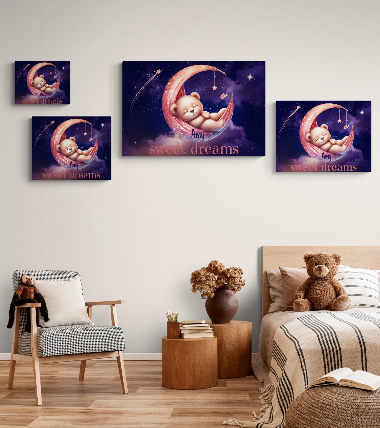 Sweet Dreams, Personalized Sleeping Bear on Moon, Pink - Janlyn's Crafts