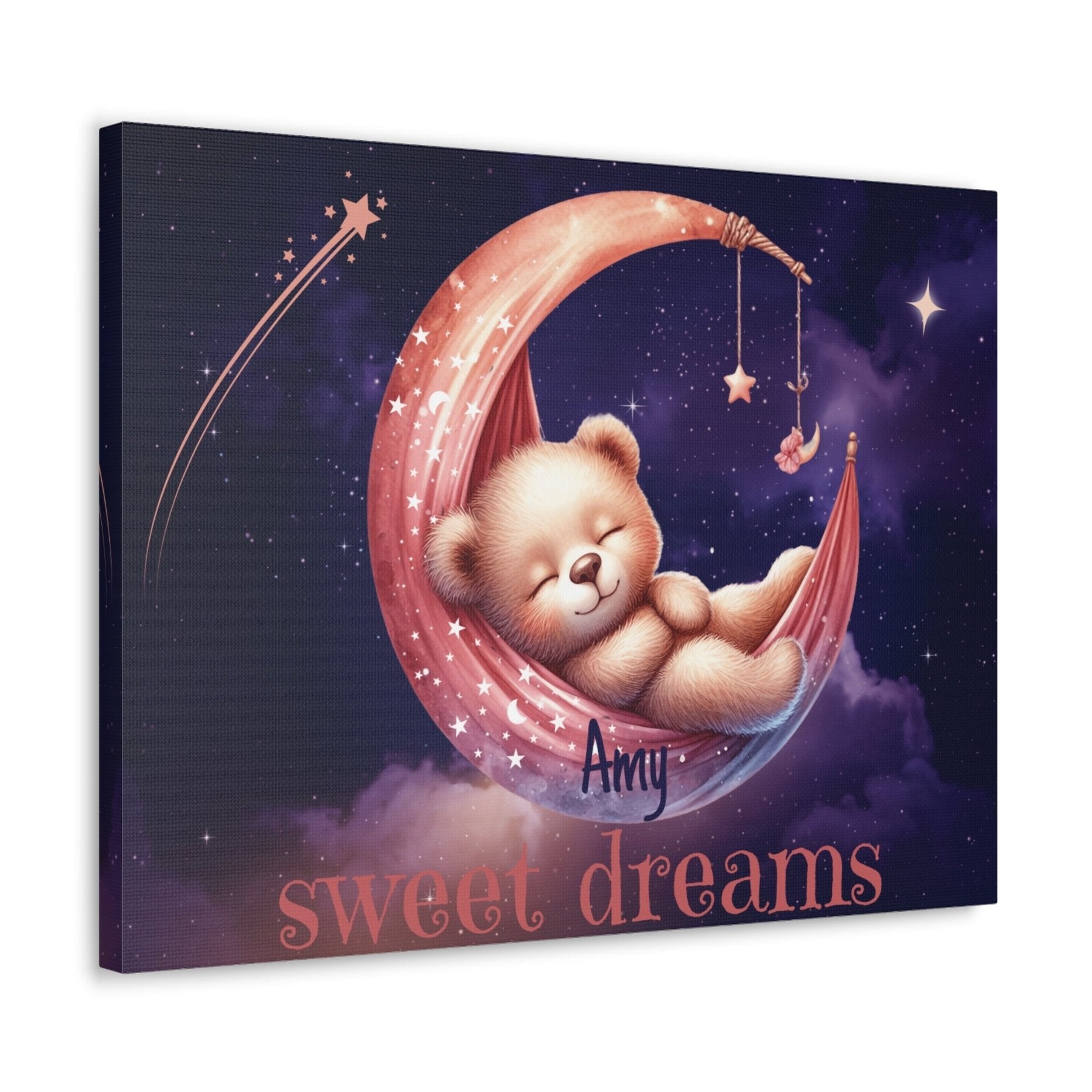 Sweet Dreams, Personalized Sleeping Bear on Moon, Pink - Janlyn's Crafts