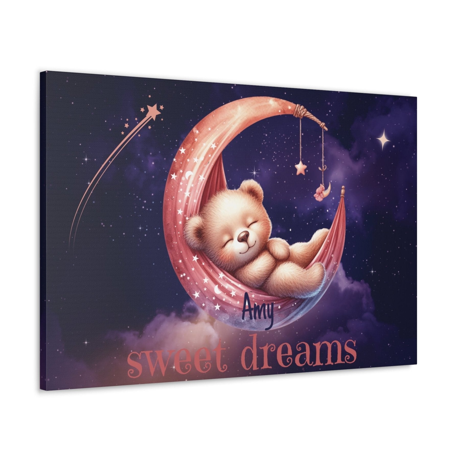 Sweet Dreams, Personalized Sleeping Bear on Moon, Pink - Janlyn's Crafts