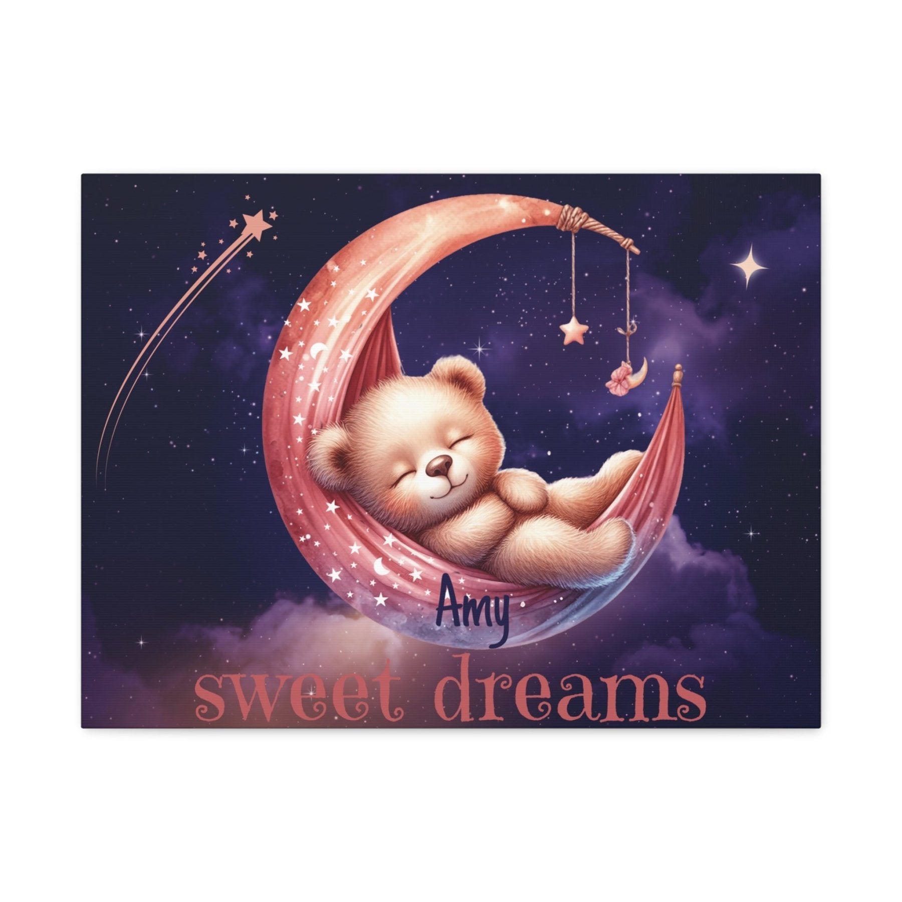 Sweet Dreams, Personalized Sleeping Bear on Moon, Pink - Janlyn's Crafts