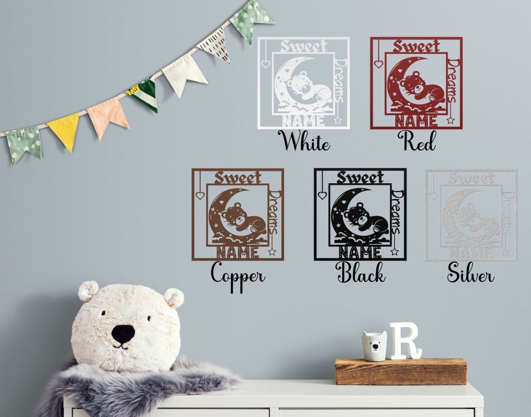 Sweet Dreams, Personalized, Sleeping Bear on Moon, Square Metal Sign - Janlyn's Crafts