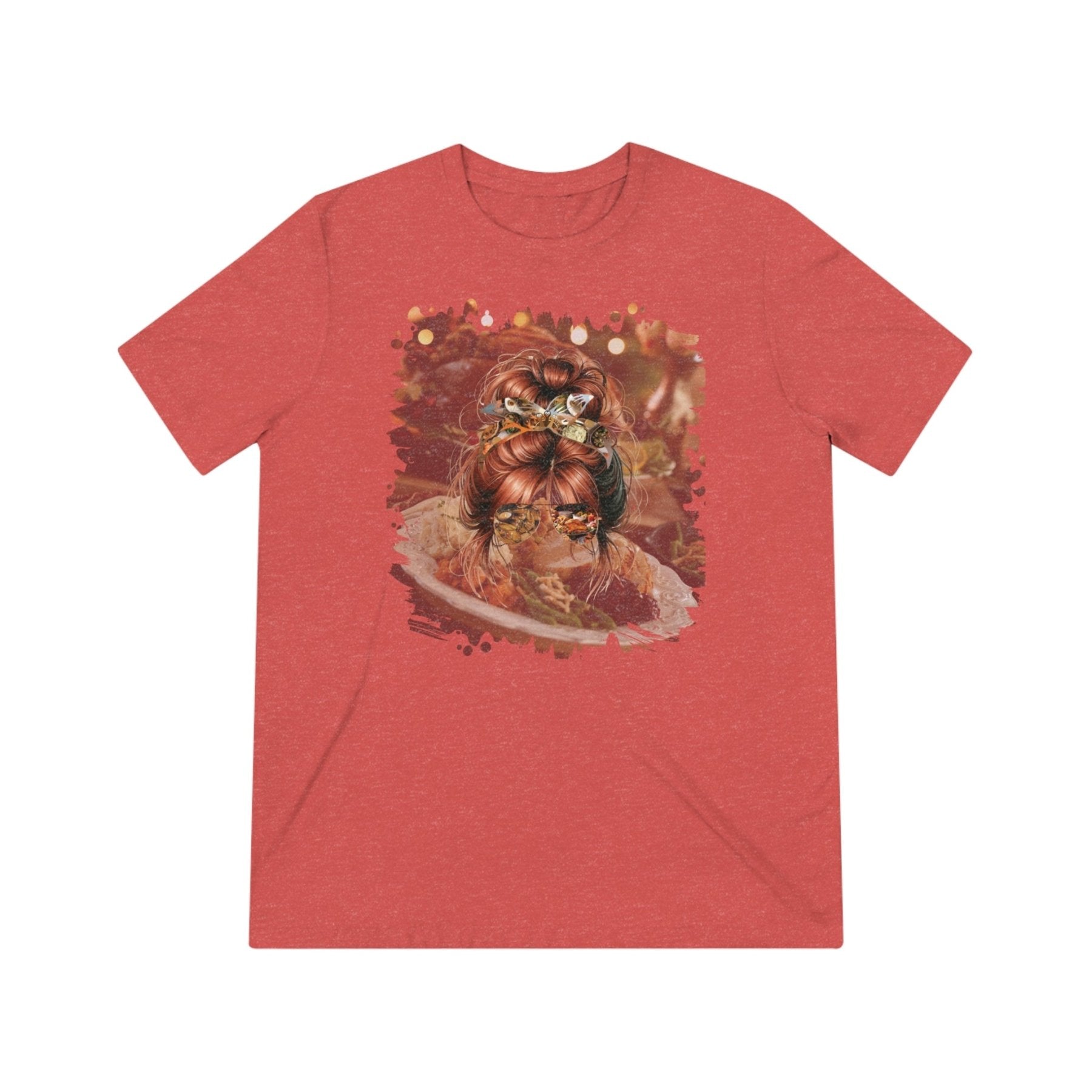 Thanksgiving Meal, Red Hair Messy Bun, Unisex Triblend T - Shirt - Janlyn's Crafts