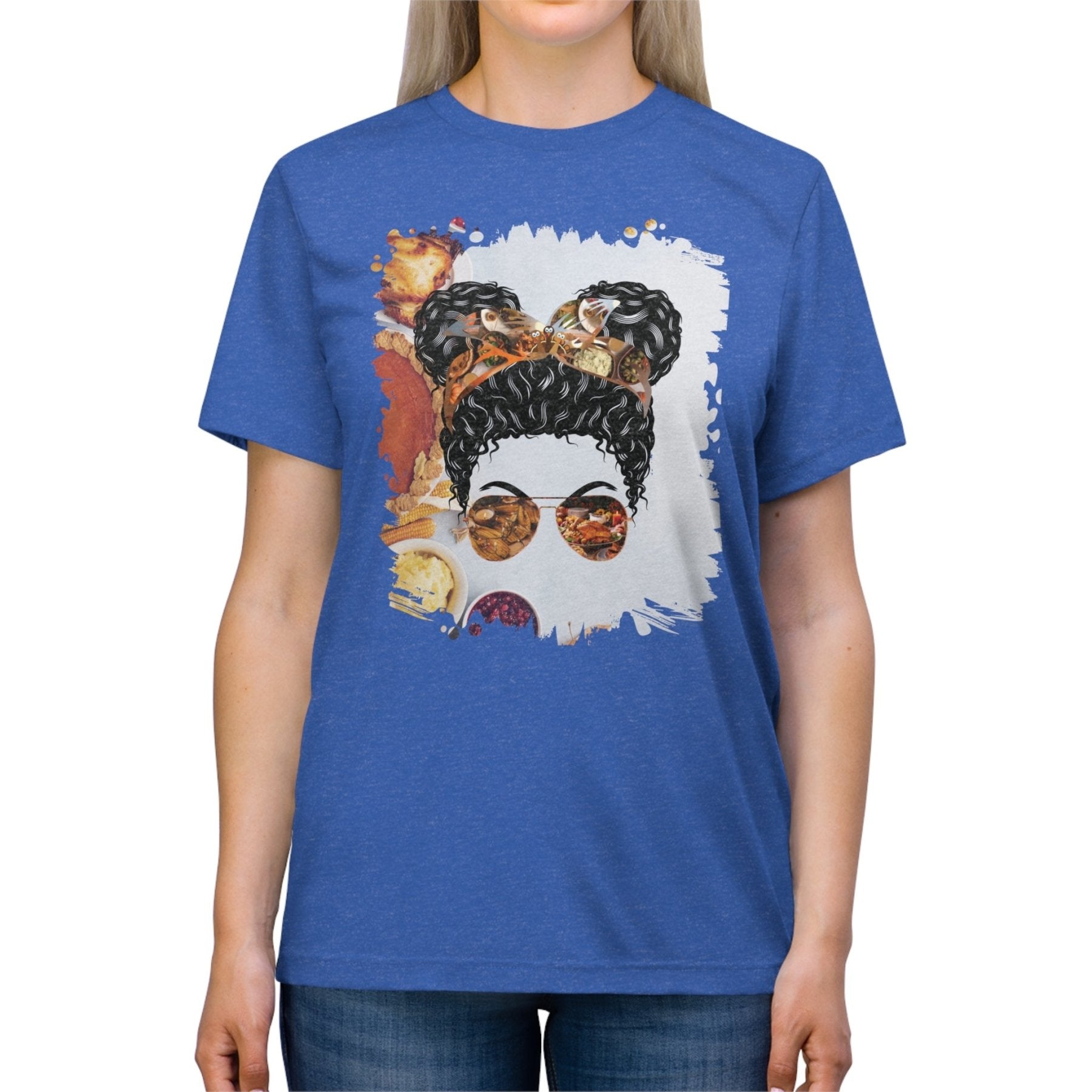 Thanksgiving Pie, Black Hair Messy Bun, Unisex Triblend T - Shirt - Janlyn's Crafts