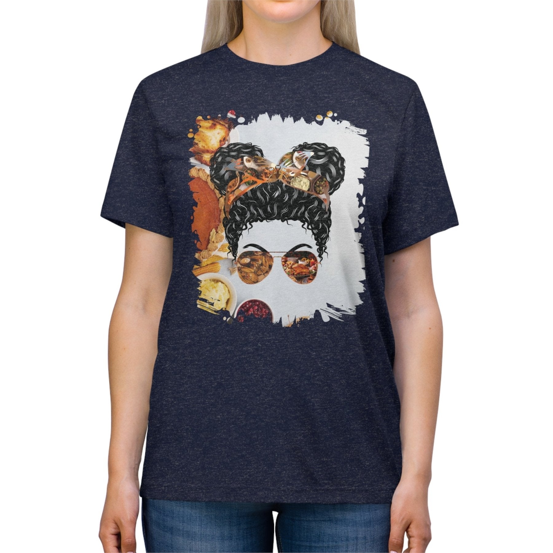 Thanksgiving Pie, Black Hair Messy Bun, Unisex Triblend T - Shirt - Janlyn's Crafts