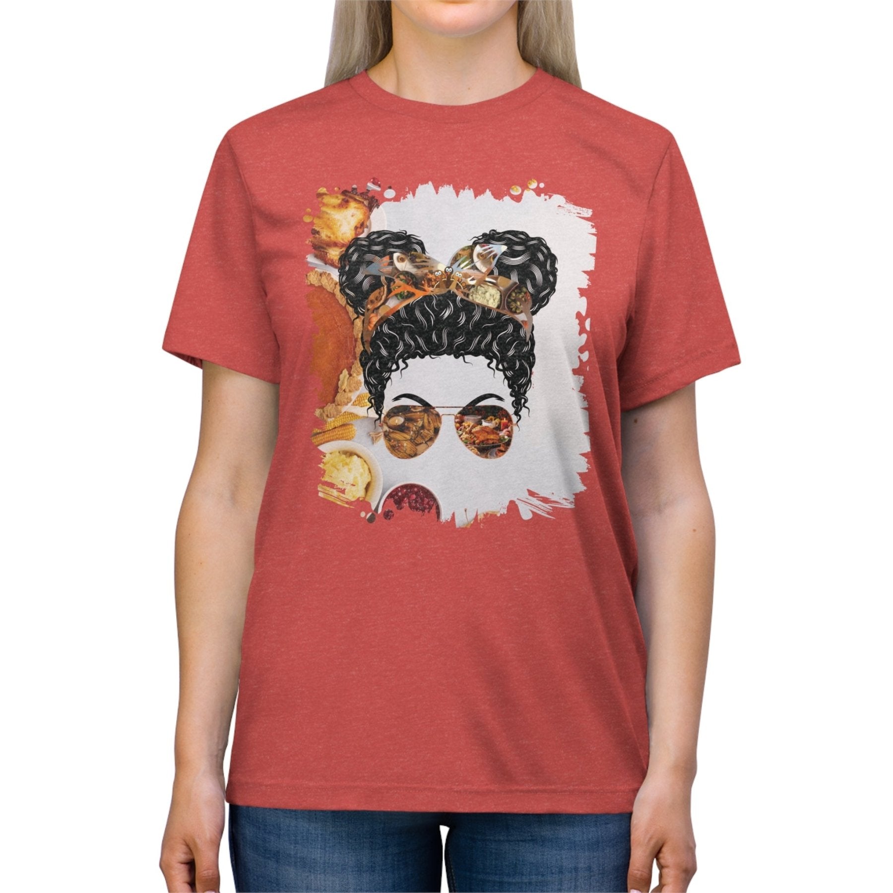 Thanksgiving Pie, Black Hair Messy Bun, Unisex Triblend T - Shirt - Janlyn's Crafts