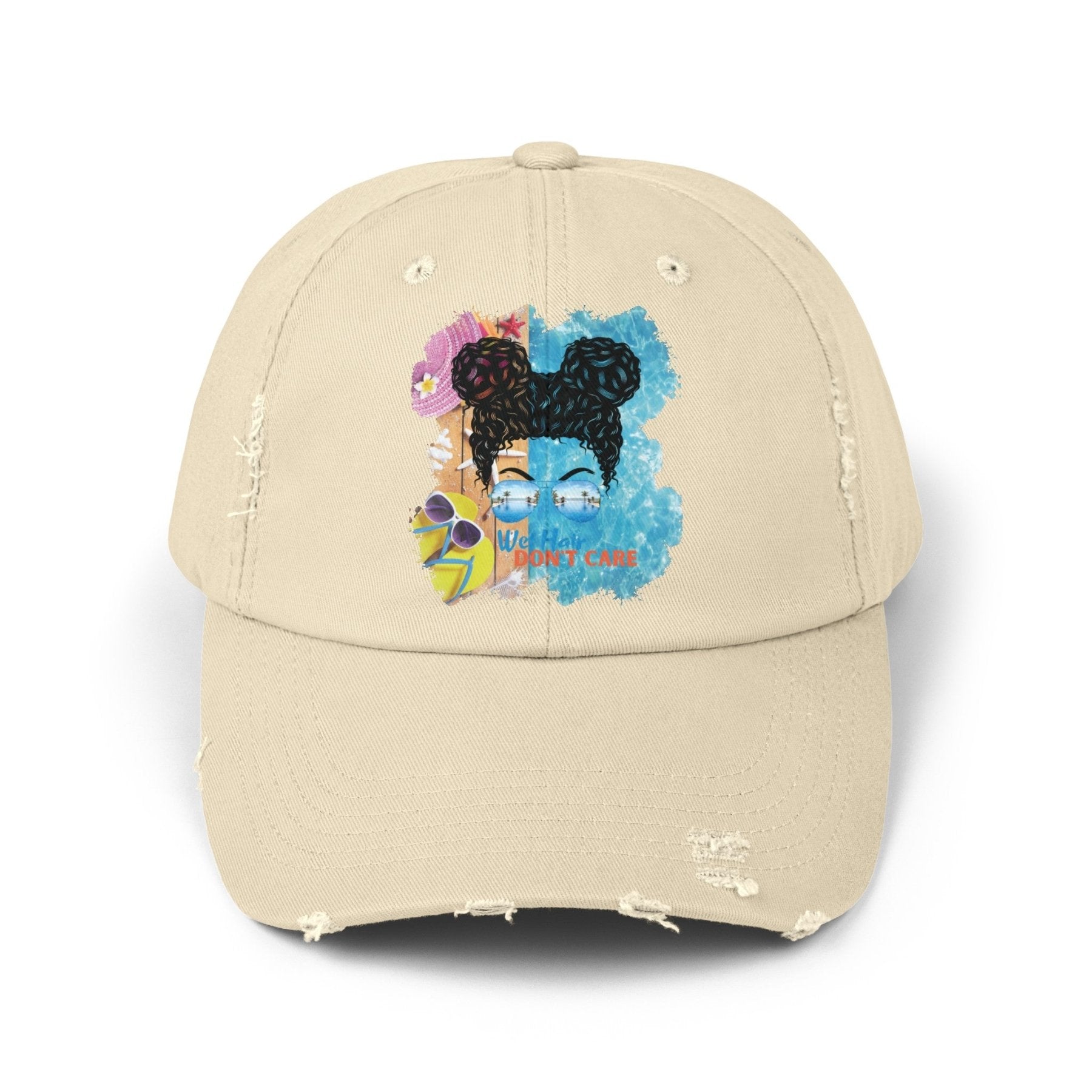 Wet Hair Don't Care, Black Hair Messy Bun, Pool Scene, Unisex Distressed Cap - Janlyn's Crafts