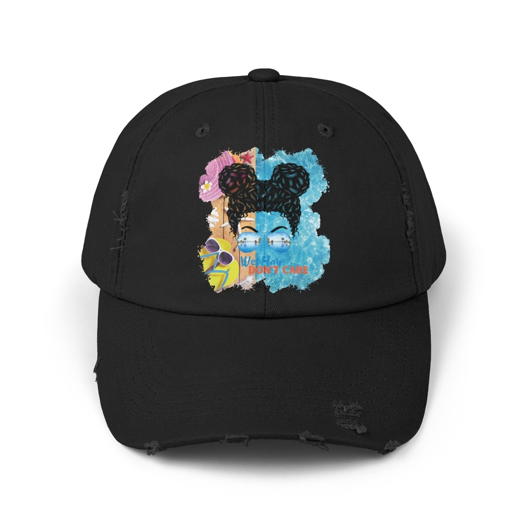 Wet Hair Don't Care, Black Hair Messy Bun, Pool Scene, Unisex Distressed Cap - Janlyn's Crafts