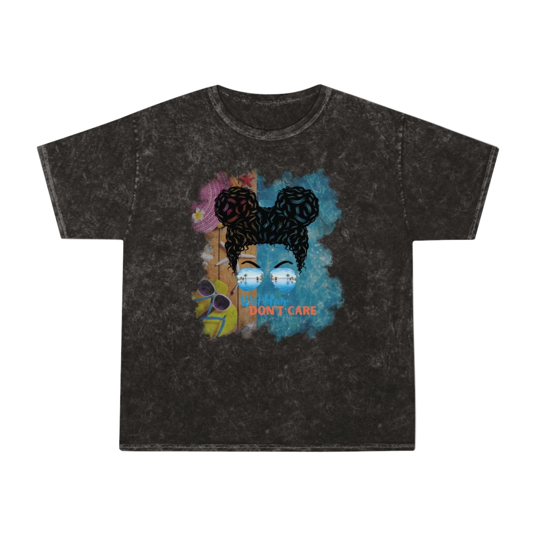 Wet Hair Don't Care, Black Hair Messy Bun, Pool Scene, Unisex Mineral Wash T - Shirt - Janlyn's Crafts