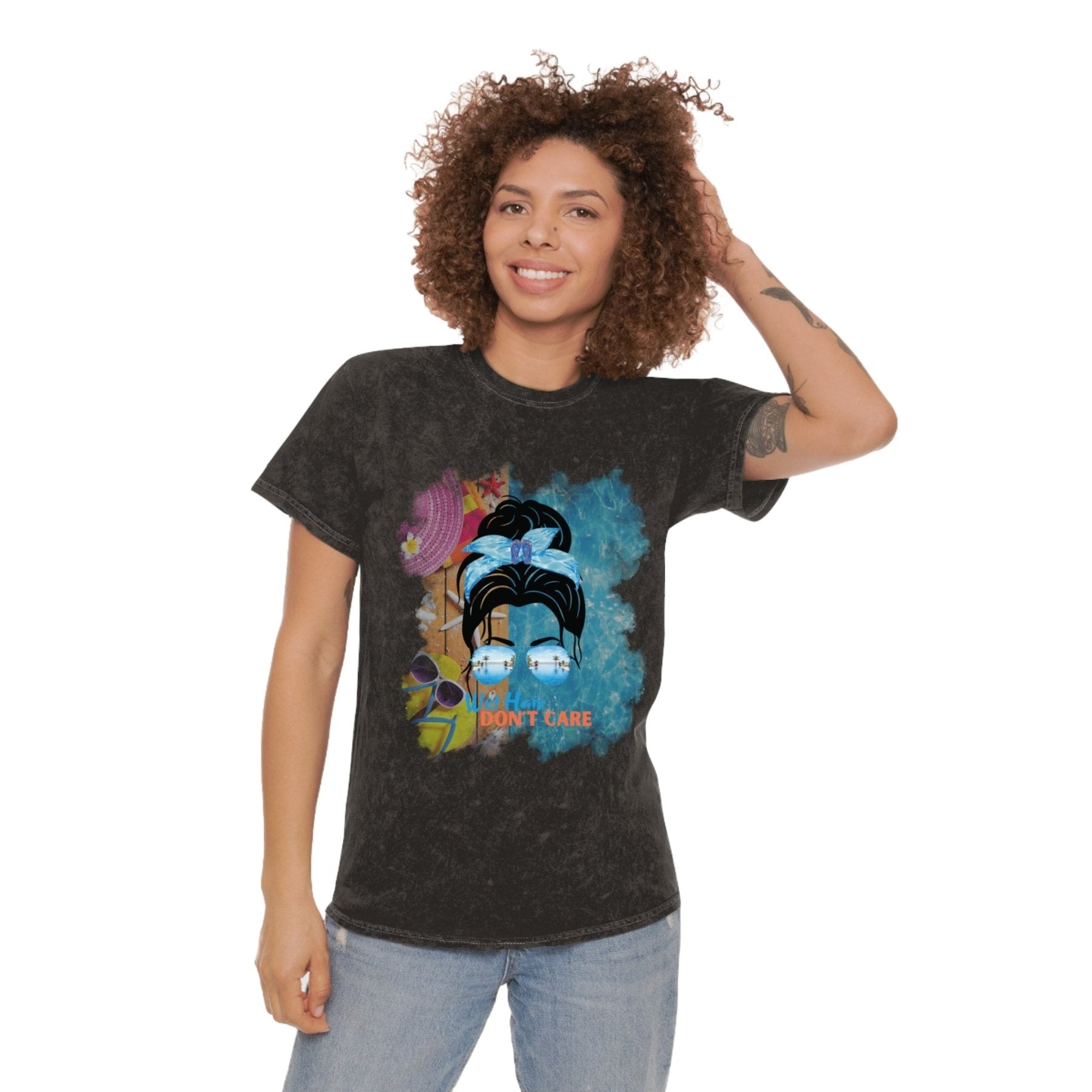 Wet Hair Don't Care, Black Hair Messy Bun, Pool Scene, Unisex Mineral Wash T - Shirt - Janlyn's Crafts