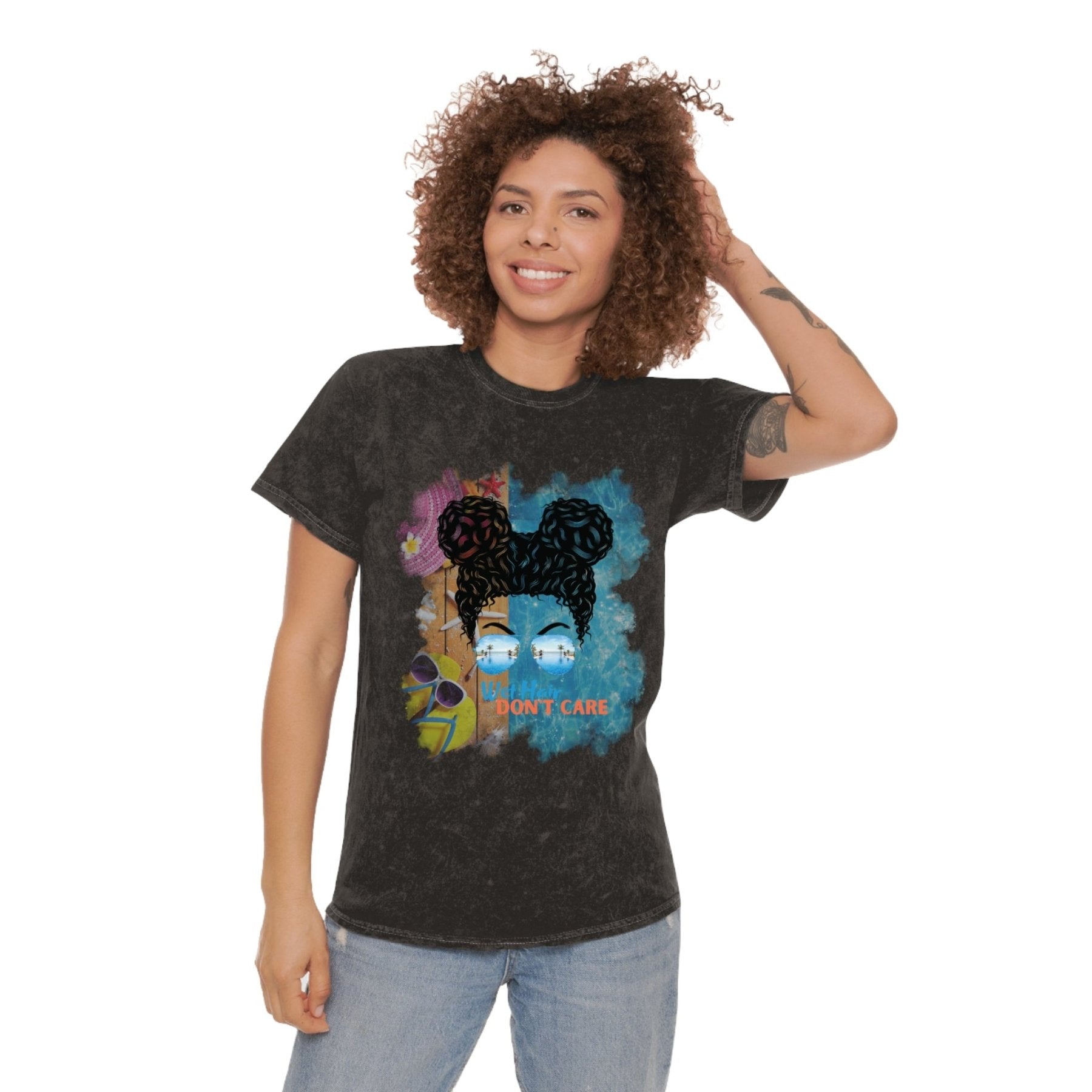 Wet Hair Don't Care, Black Hair Messy Bun, Pool Scene, Unisex Mineral Wash T - Shirt - Janlyn's Crafts