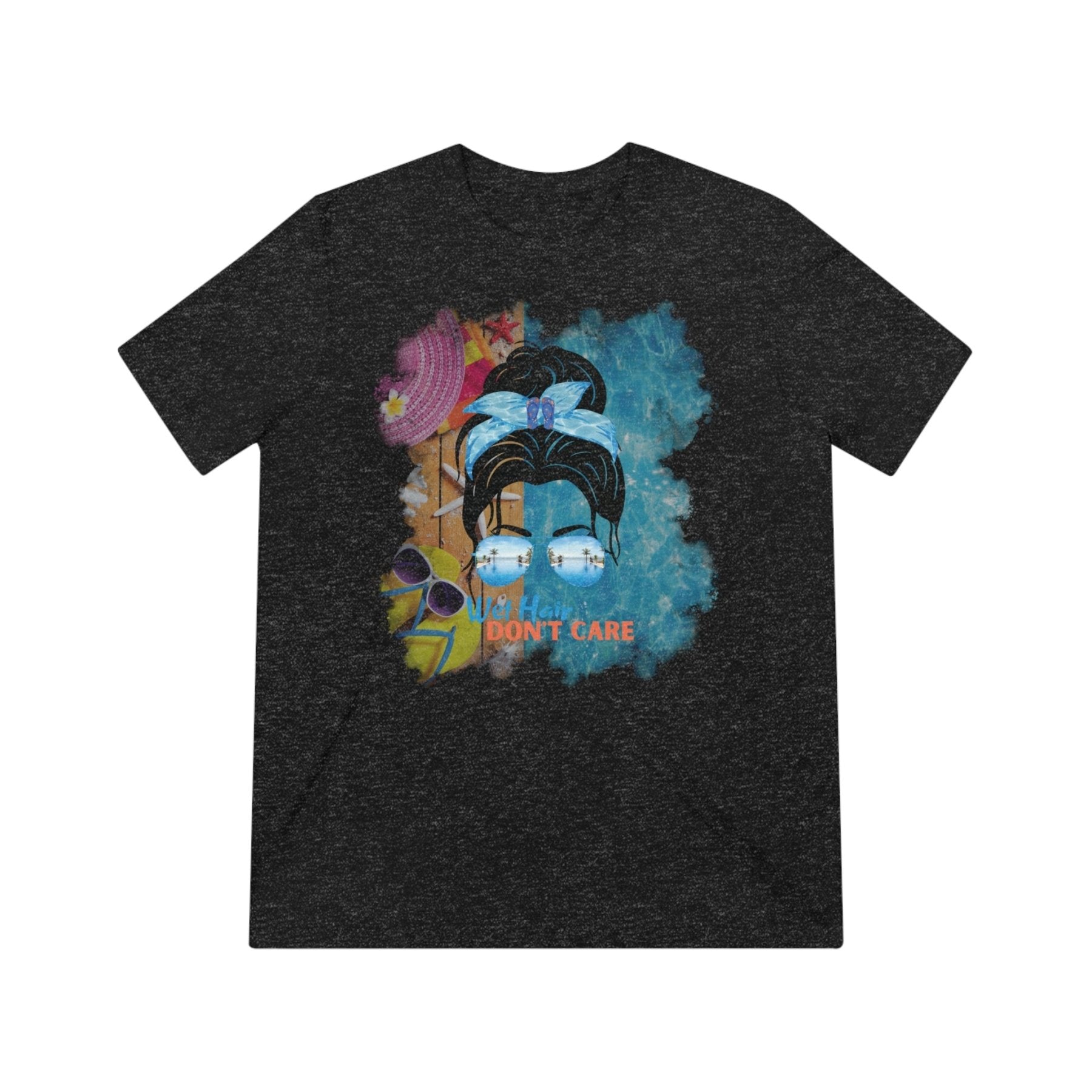 Wet Hair Don't Care, Black Hair Messy Bun, Pool Scene, Unisex Triblend T - Shirt - Janlyn's Crafts