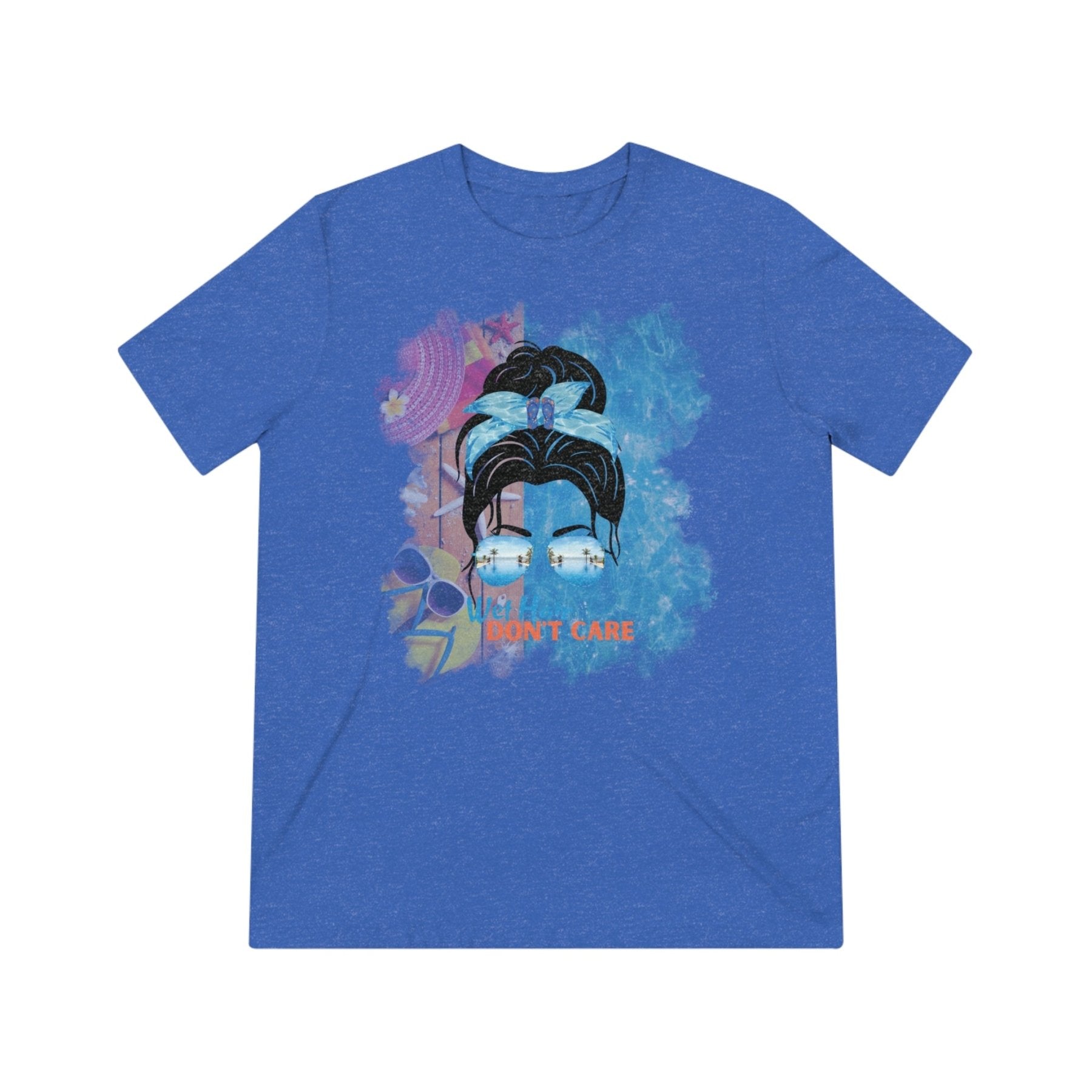 Wet Hair Don't Care, Black Hair Messy Bun, Pool Scene, Unisex Triblend T - Shirt - Janlyn's Crafts