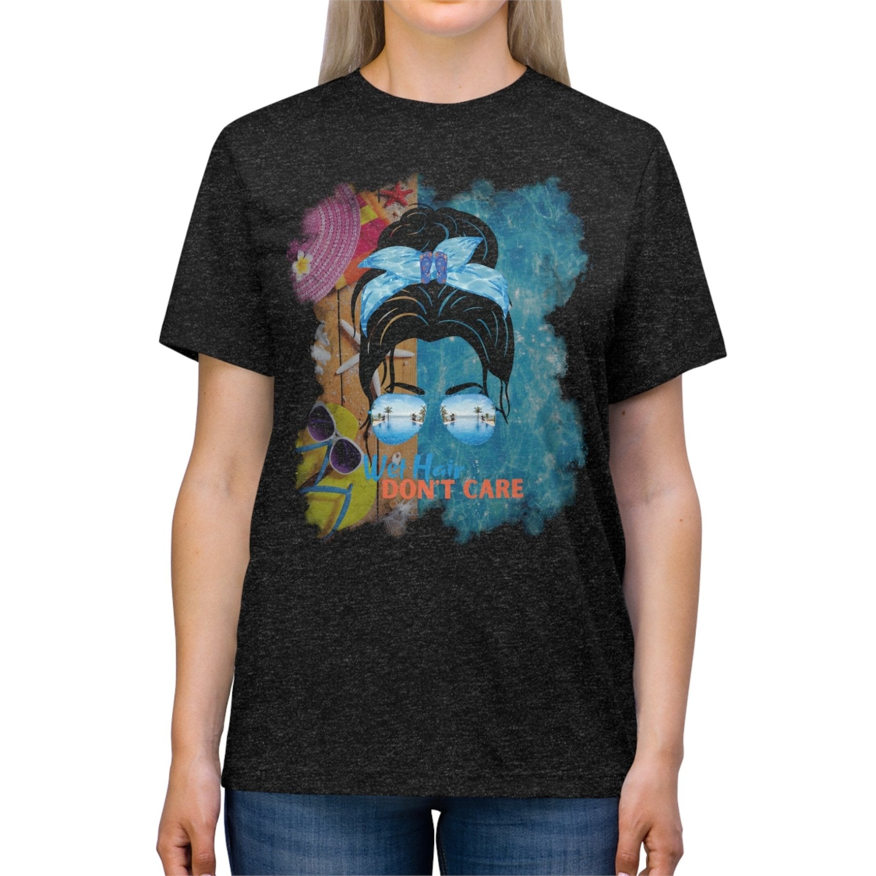 Wet Hair Don't Care, Black Hair Messy Bun, Pool Scene, Unisex Triblend T - Shirt - Janlyn's Crafts