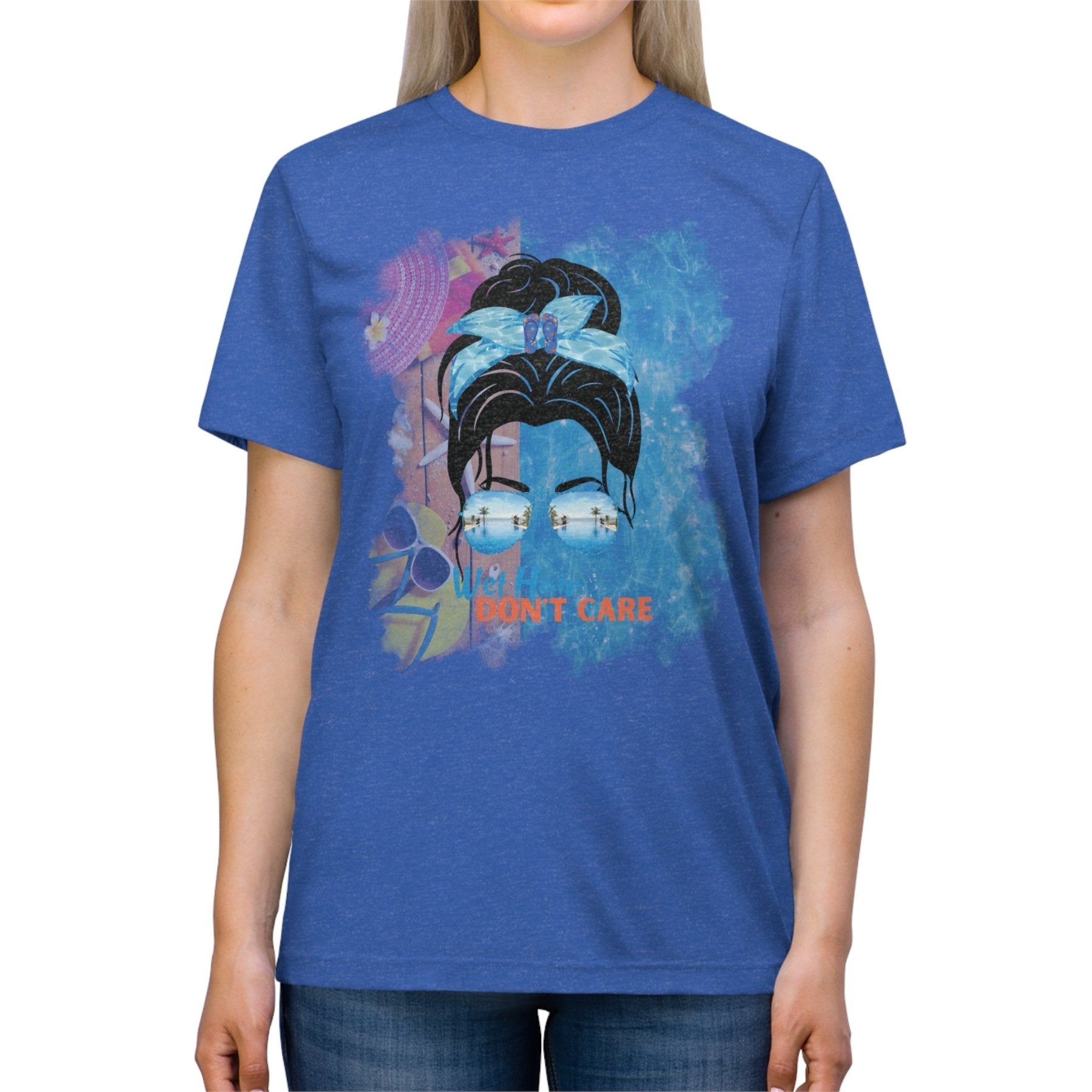 Wet Hair Don't Care, Black Hair Messy Bun, Pool Scene, Unisex Triblend T - Shirt - Janlyn's Crafts