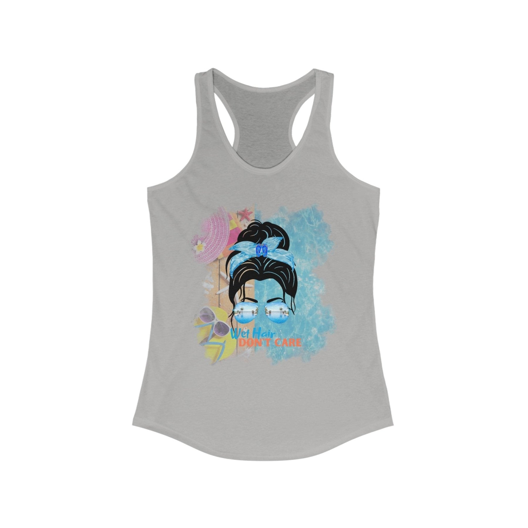 Wet Hair Don't Care, Black Hair Messy Bun, Pool Scene, Women's Ideal Racerback Tank - Janlyn's Crafts