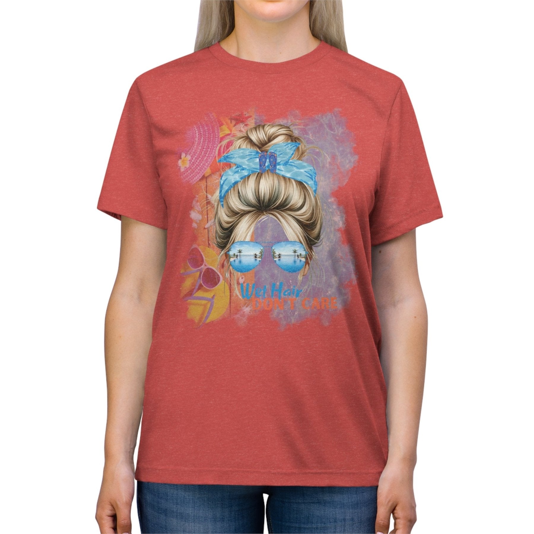 Wet Hair Don't Care, Blond Hair Messy Bun, Pool Scene, Unisex Triblend T - Shirt - Janlyn's Crafts