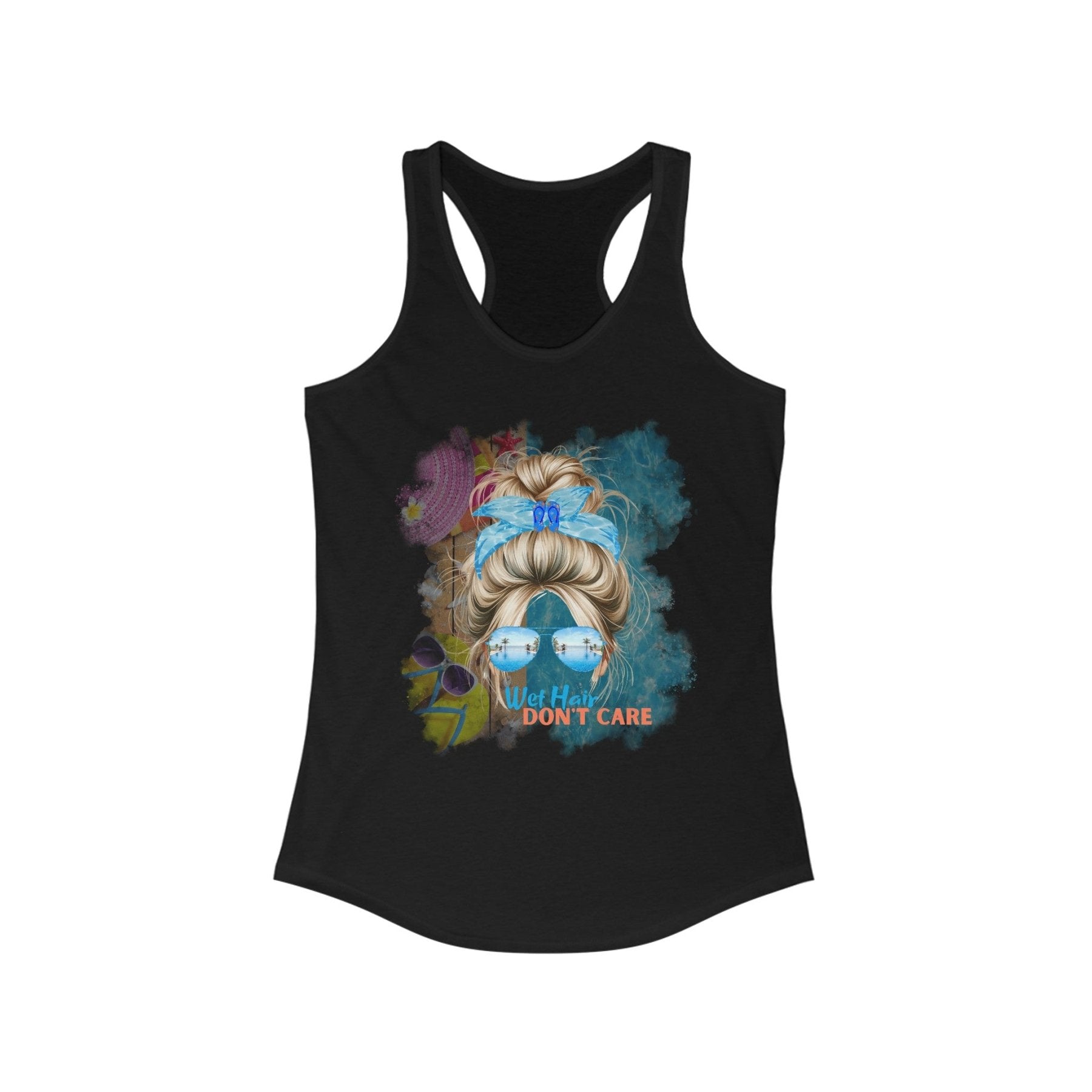 Wet Hair Don't Care, Blond Hair Messy Bun, Pool Scene, Women's Ideal Racerback Tank - Janlyn's Crafts