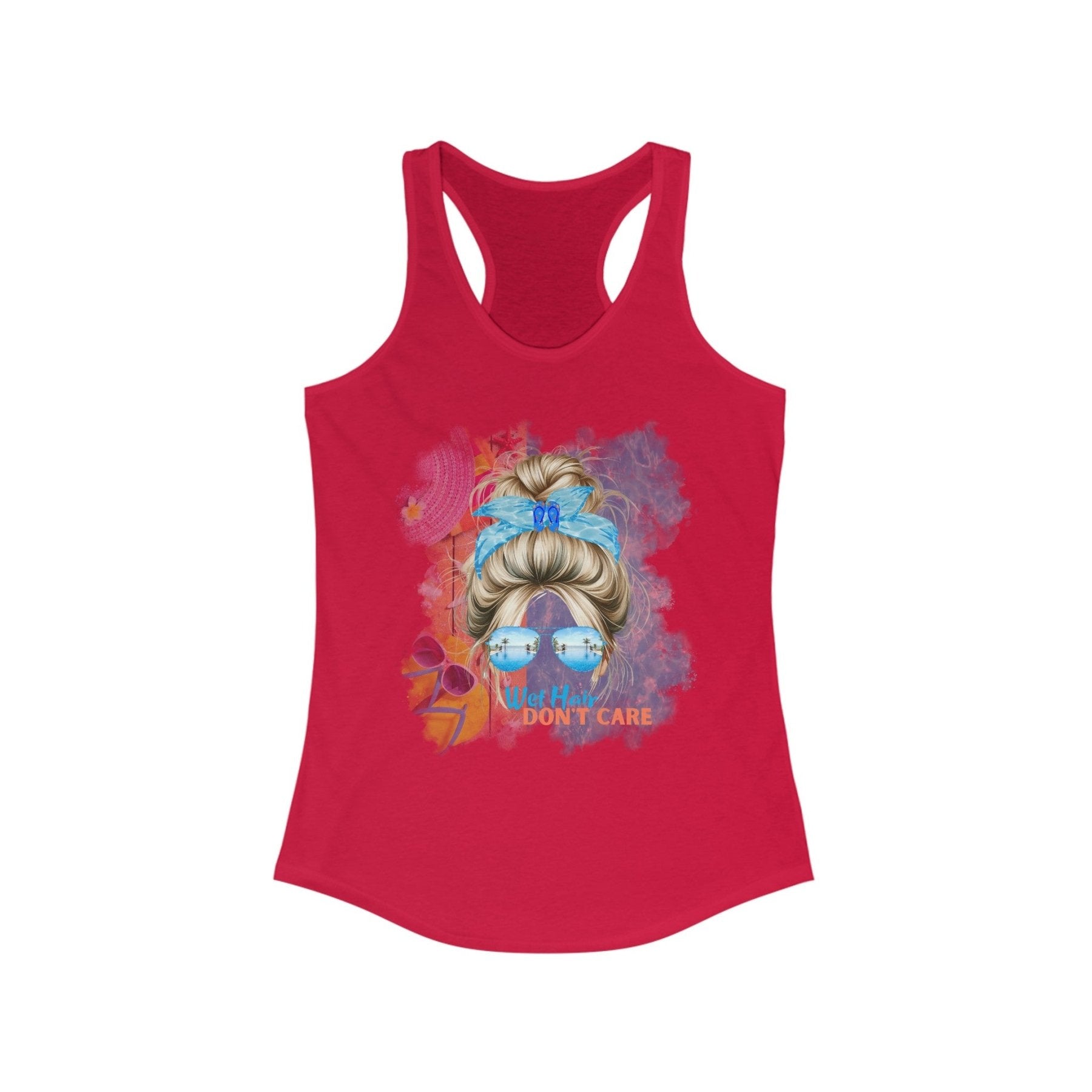 Wet Hair Don't Care, Blond Hair Messy Bun, Pool Scene, Women's Ideal Racerback Tank - Janlyn's Crafts