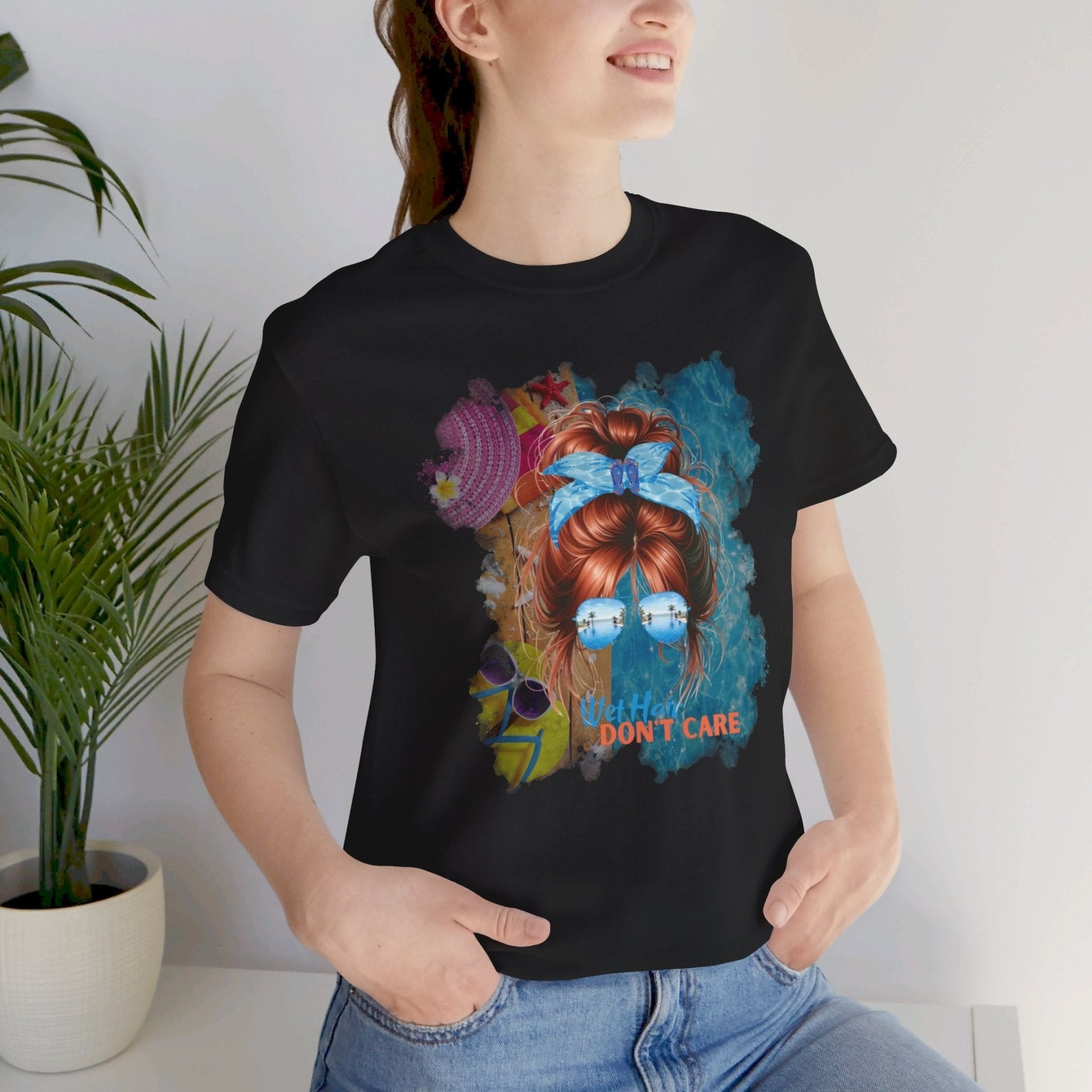 Wet Hair Don't Care, Red Hair Messy Bun, Pool Scene, Unisex Jersey Short Sleeve Tee - Janlyn's Crafts