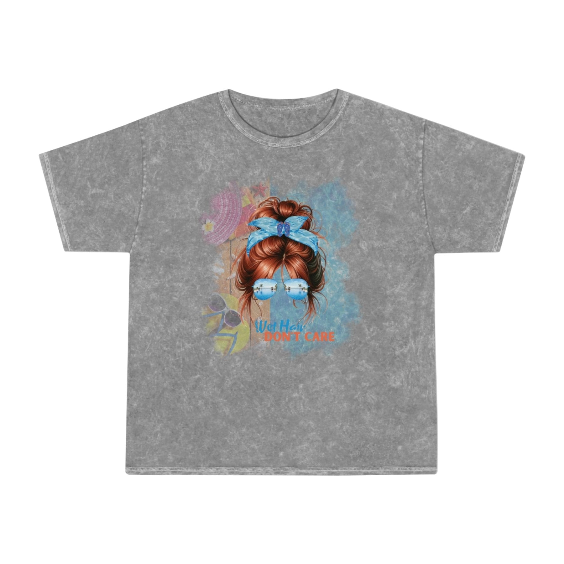 Wet Hair Don't Care, Red Hair Messy Bun, Pool Scene, Unisex Mineral Wash T - Shirt - Janlyn's Crafts