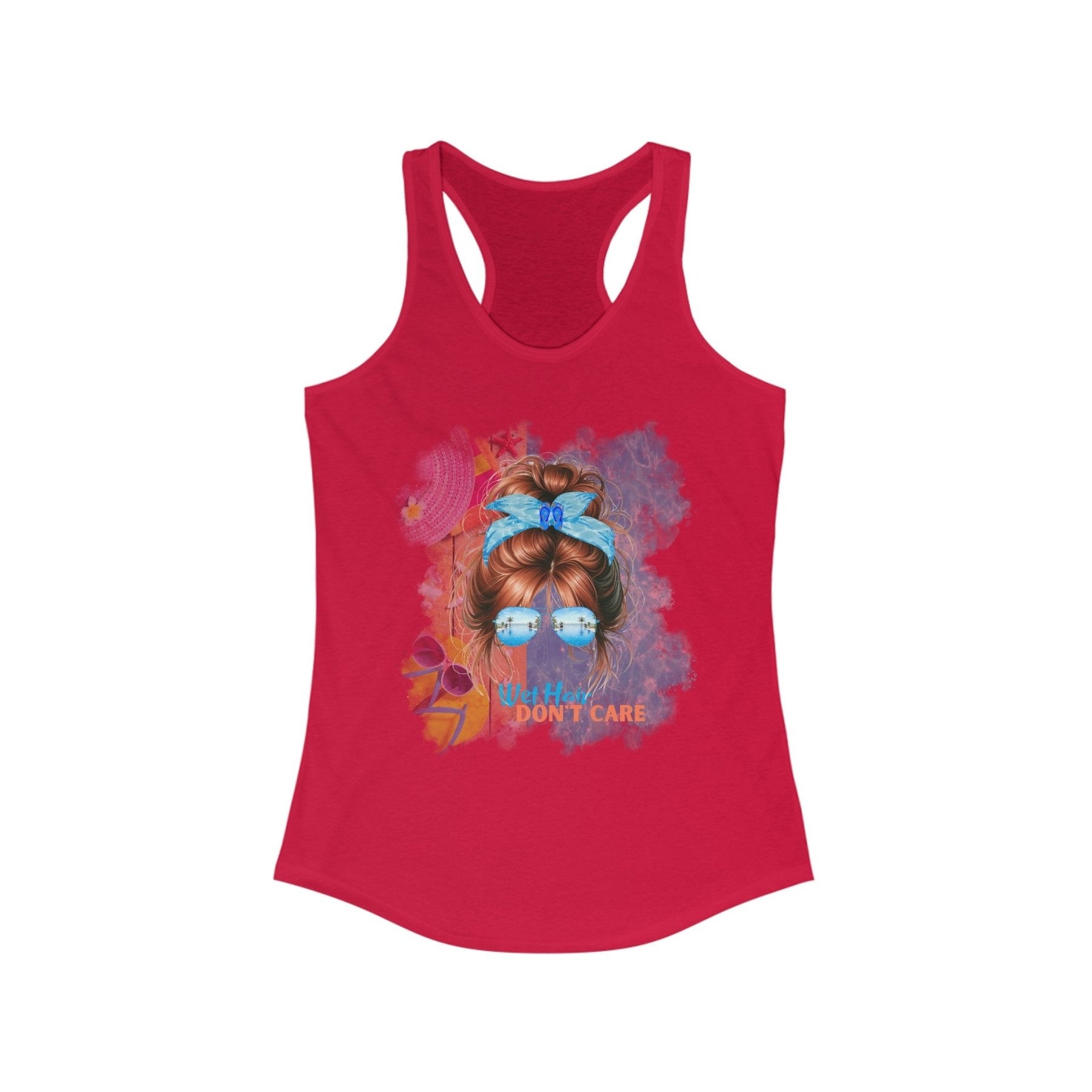 Wet Hair Don't Care, Red Hair Messy Bun, Pool Scene, Women's Ideal Racerback Tank - Janlyn's Crafts