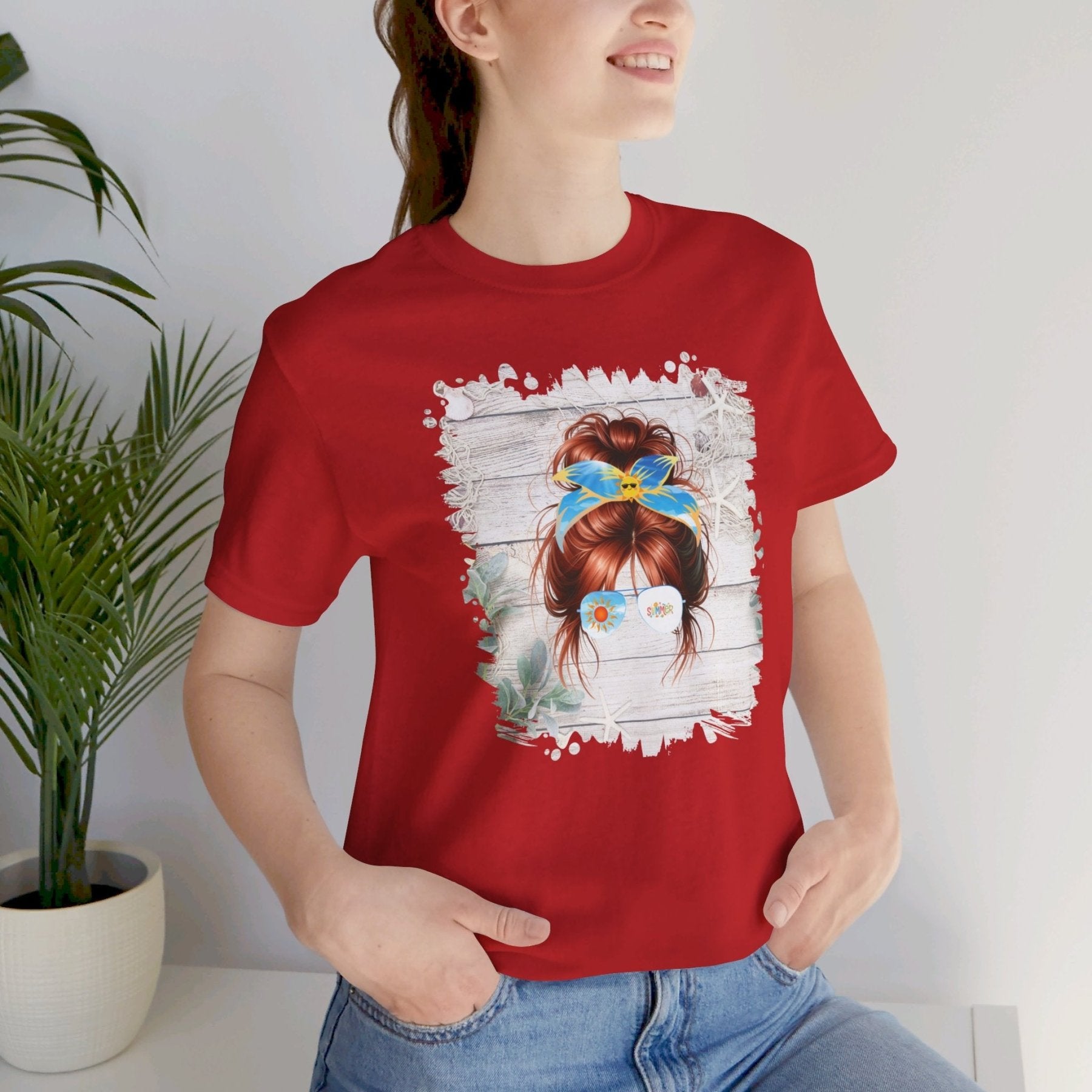 Whiteboard Summer, Red Hair Messy Bun, Unisex Jersey Short Sleeve Tee - Janlyn's Crafts