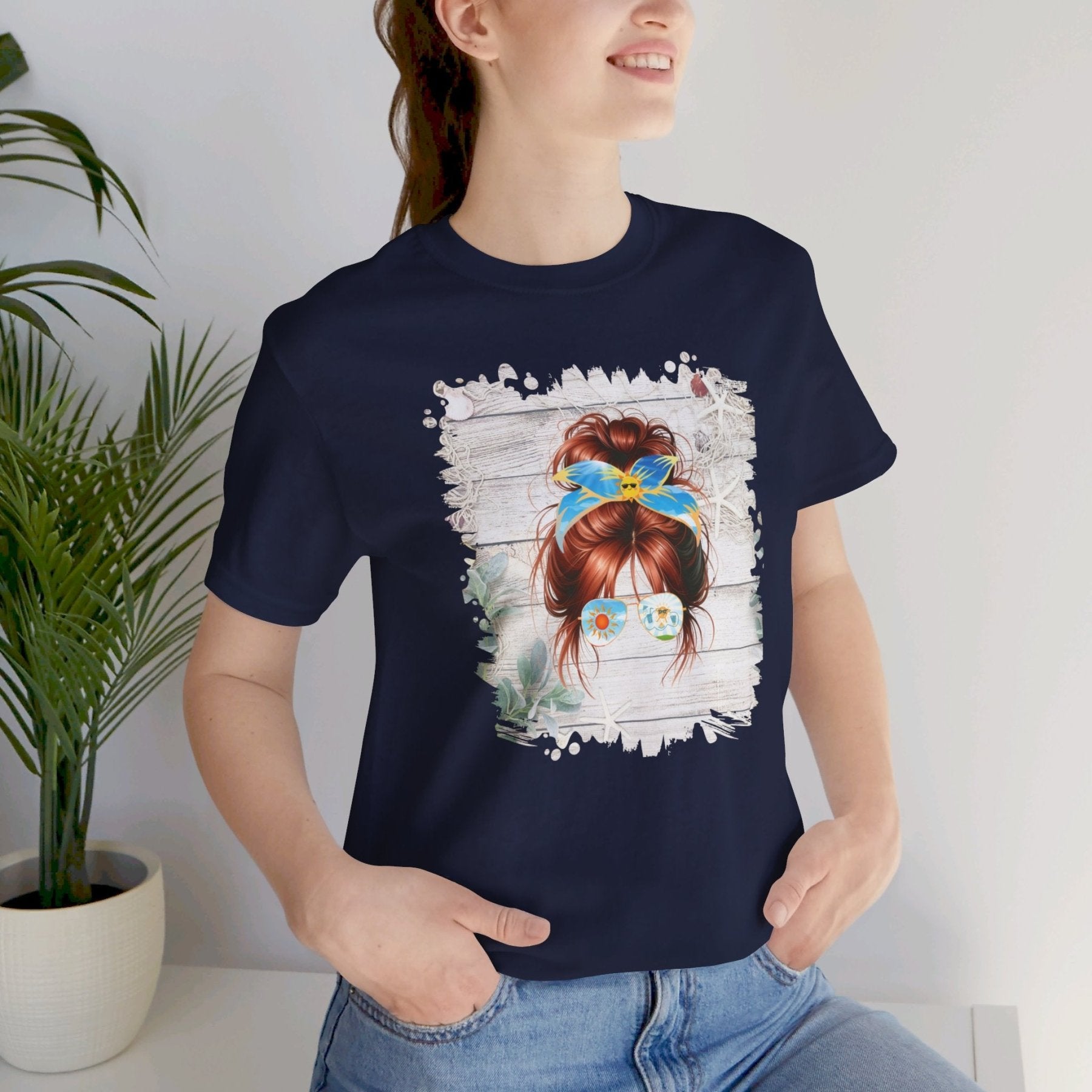 Whiteboard Sun, Red Hair Messy Bun, Unisex Jersey Short Sleeve Tee - Janlyn's Crafts