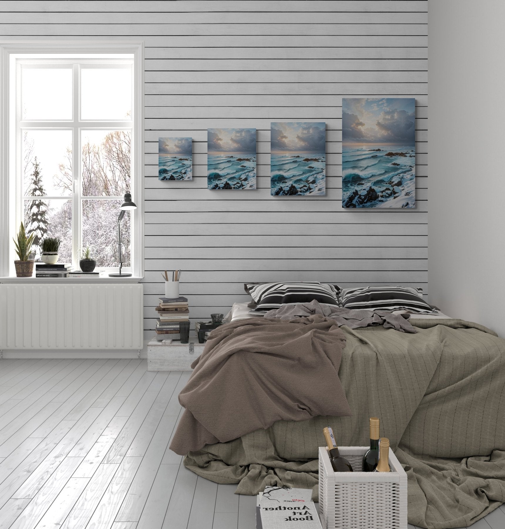 Winter Beach Landscape Canvas Print hung on a wall in available print sizes | Janlyn's Crafts