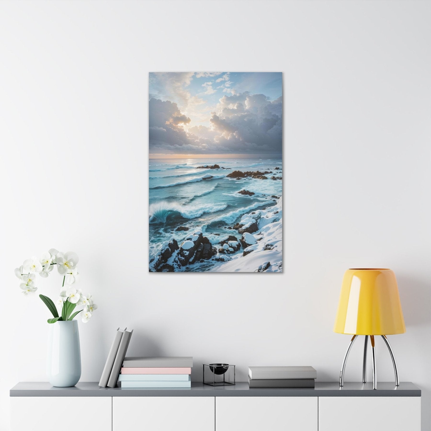 Winter Beach Landscape Canvas Print hung on a wall | Janlyn's Crafts