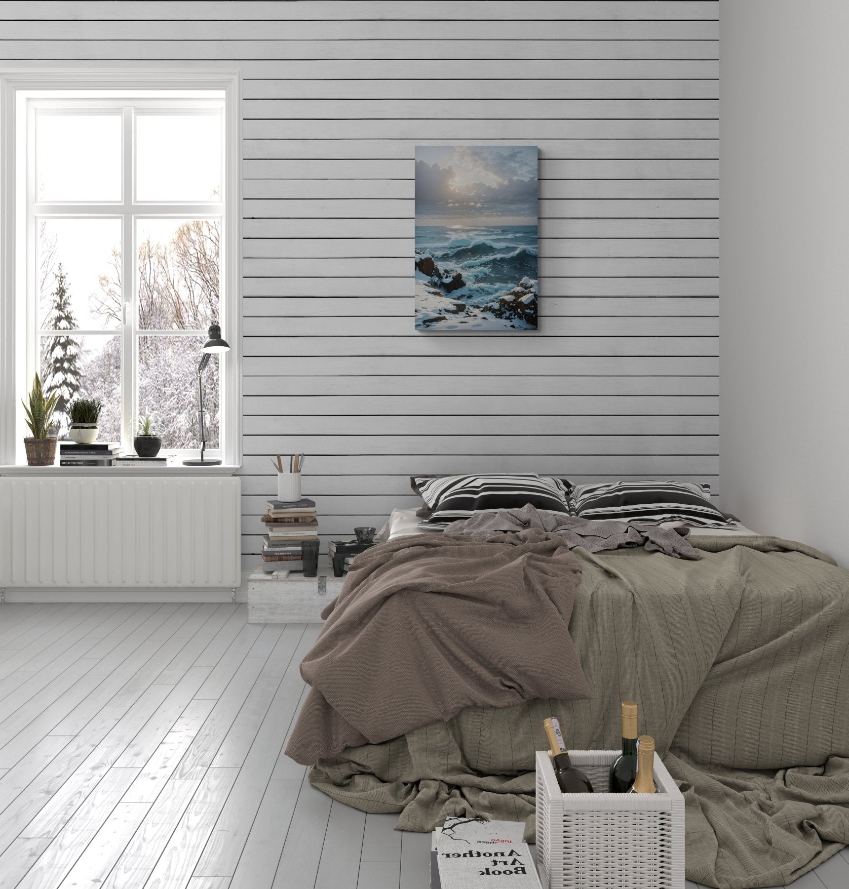 Winter Beach Landscape Canvas Print hung on a wall | Janlyn's Crafts