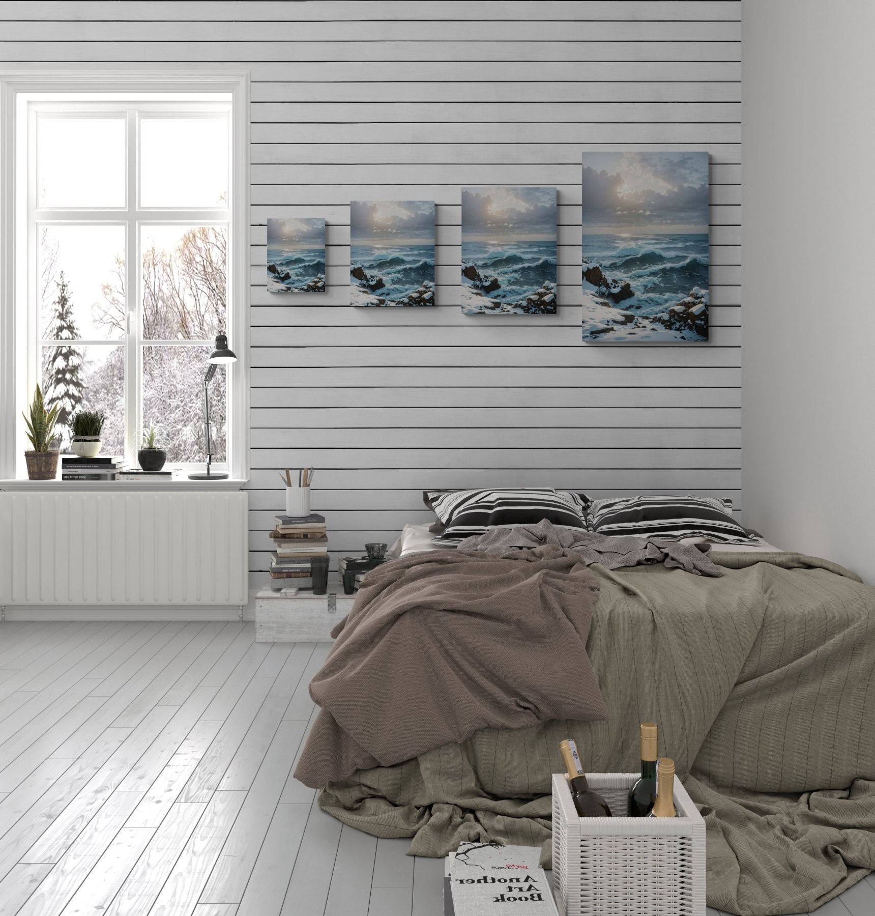 Winter Beach Landscape Canvas Print hung on a wall in available print sizes | Janlyn's Crafts