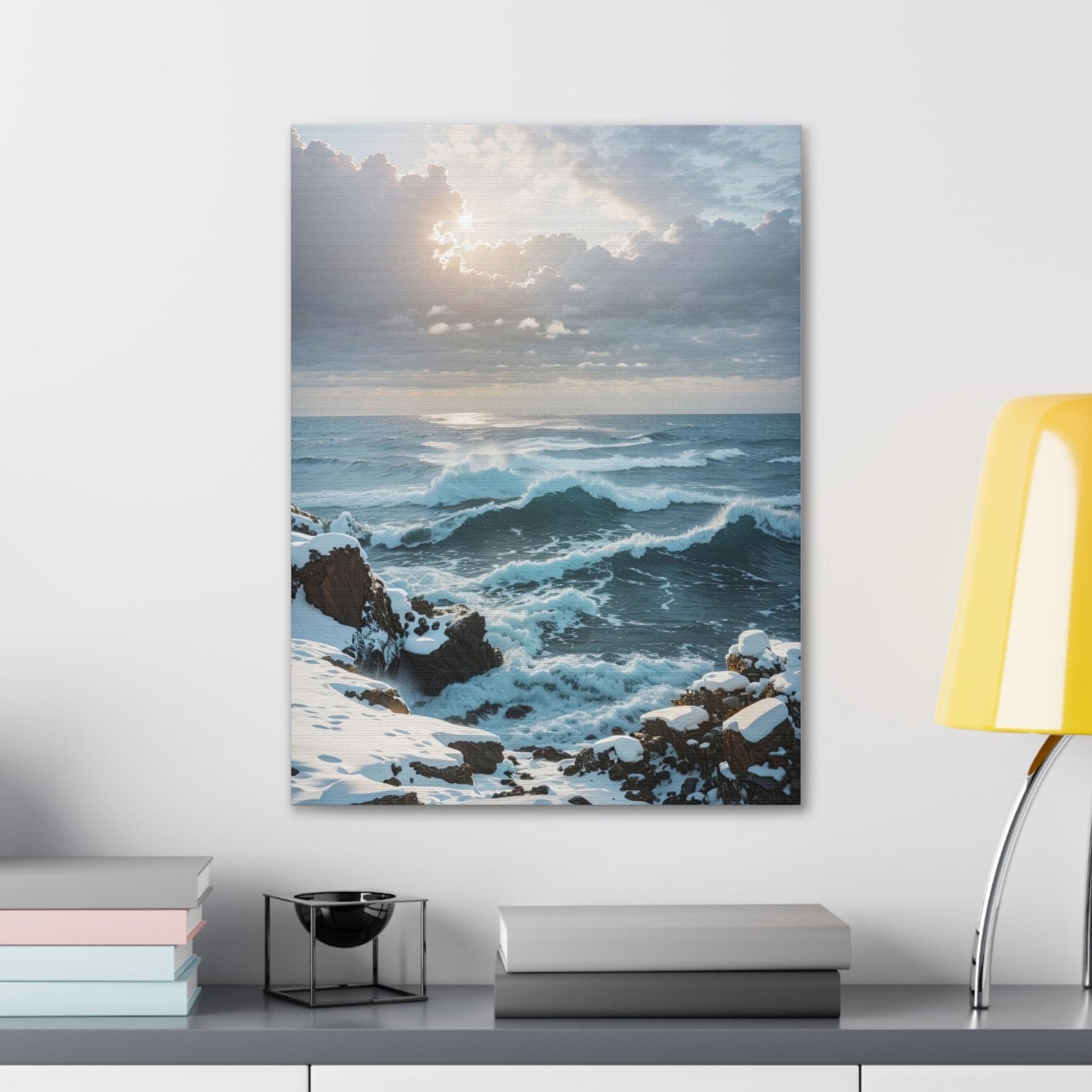 Winter Beach Landscape Canvas Print hung on a wall | Janlyn's Crafts