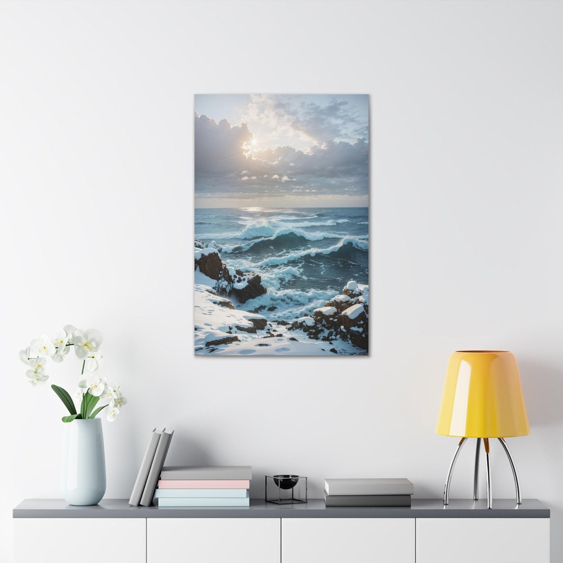 Winter Beach Landscape Canvas Print hung on a wall | Janlyn's Crafts