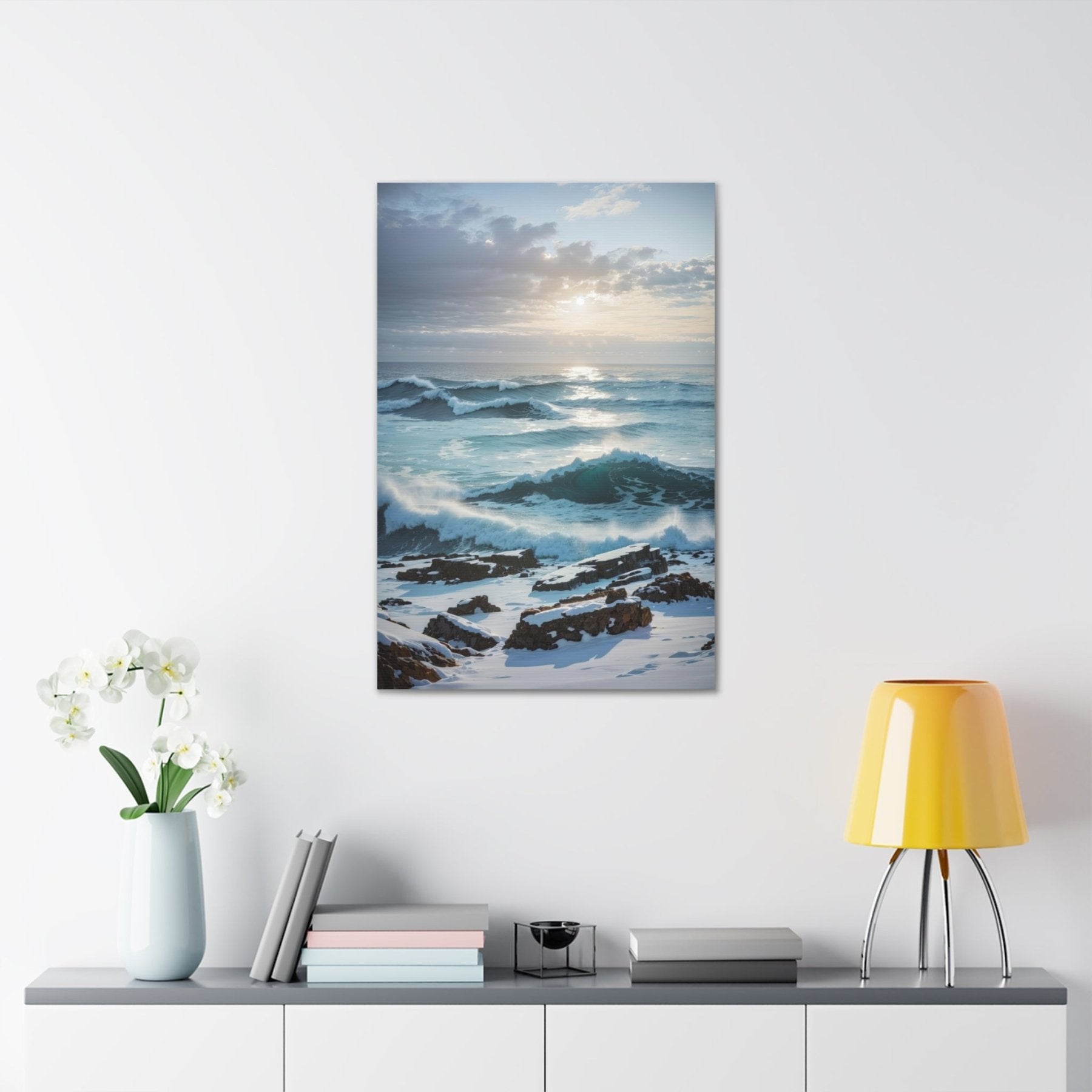 Winter Beach Landscape Canvas Print hung on a wall | Janlyn's Crafts