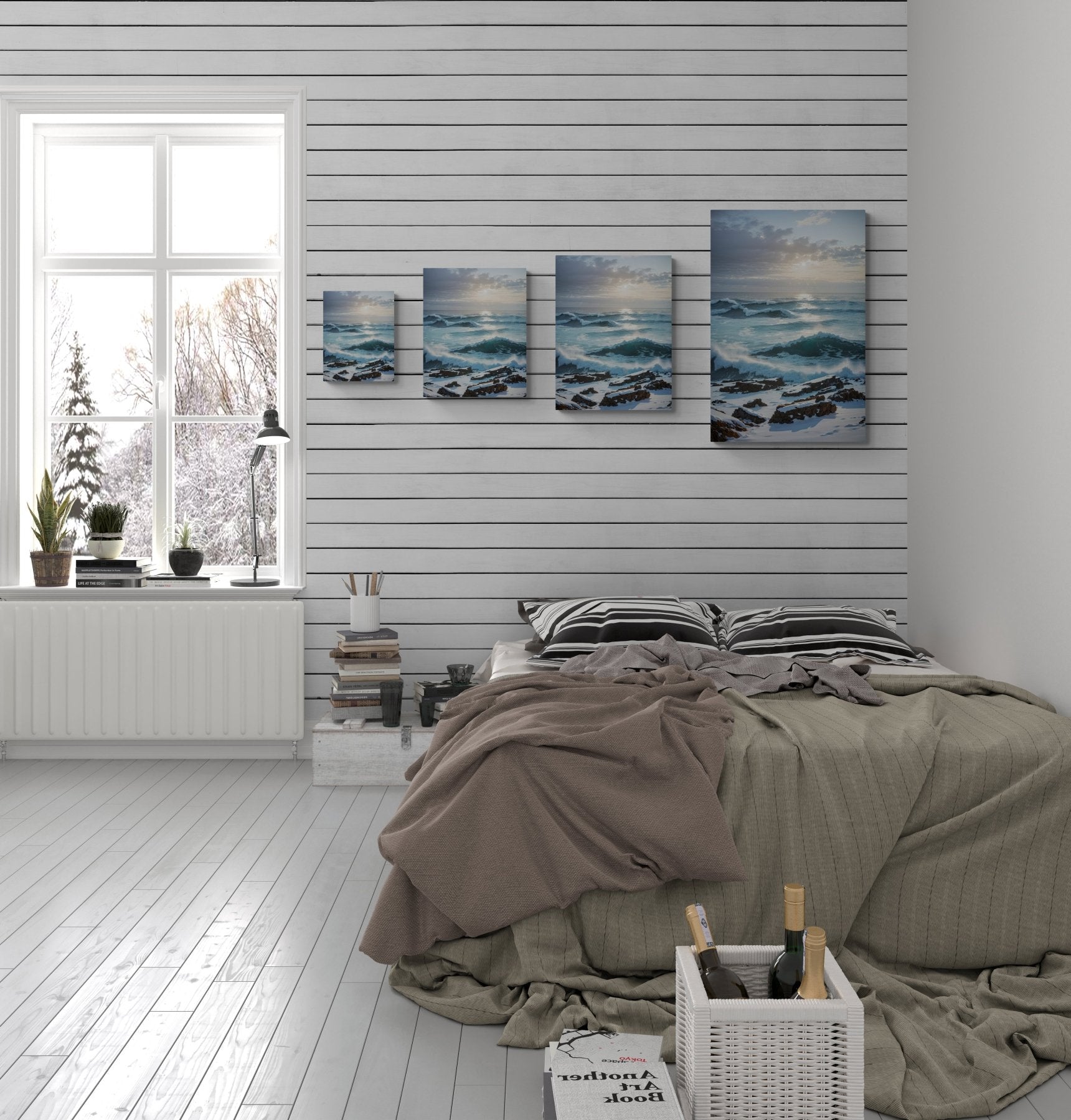 Winter Beach Landscape Canvas Print hung on a wall in available print sizes | Janlyn's Crafts