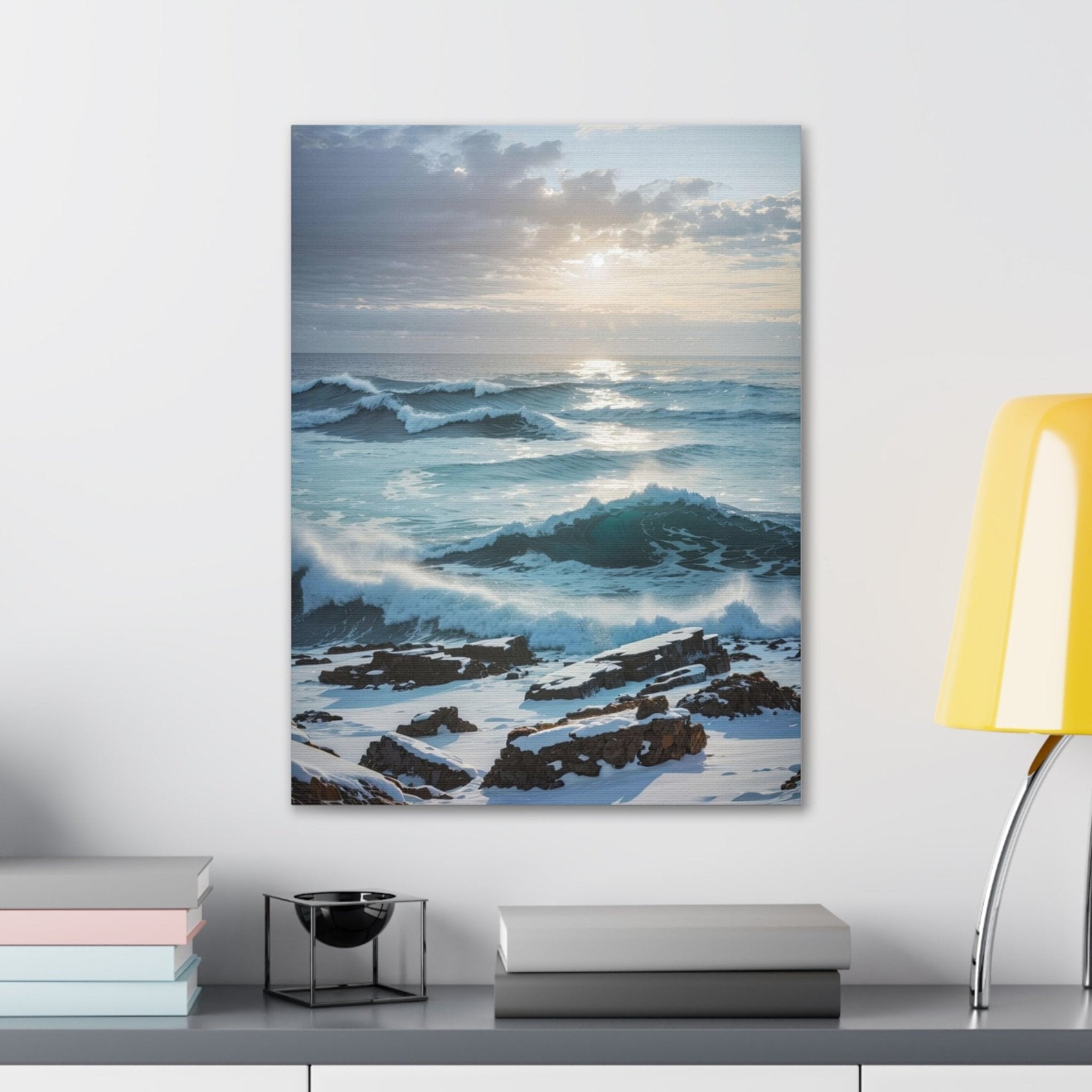 Winter Beach Landscape Canvas Print hung on a wall | Janlyn's Crafts