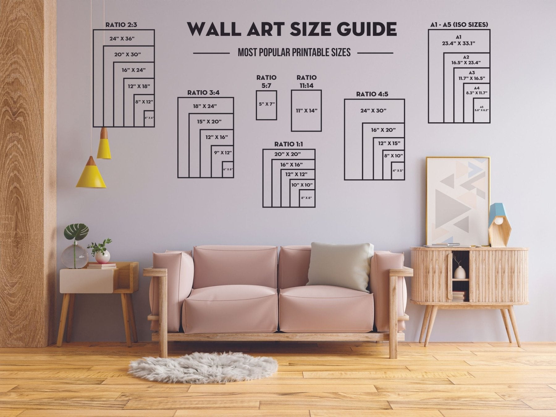 Various Print Size Comparisons shown on a Wall | Janlyn's Crafts